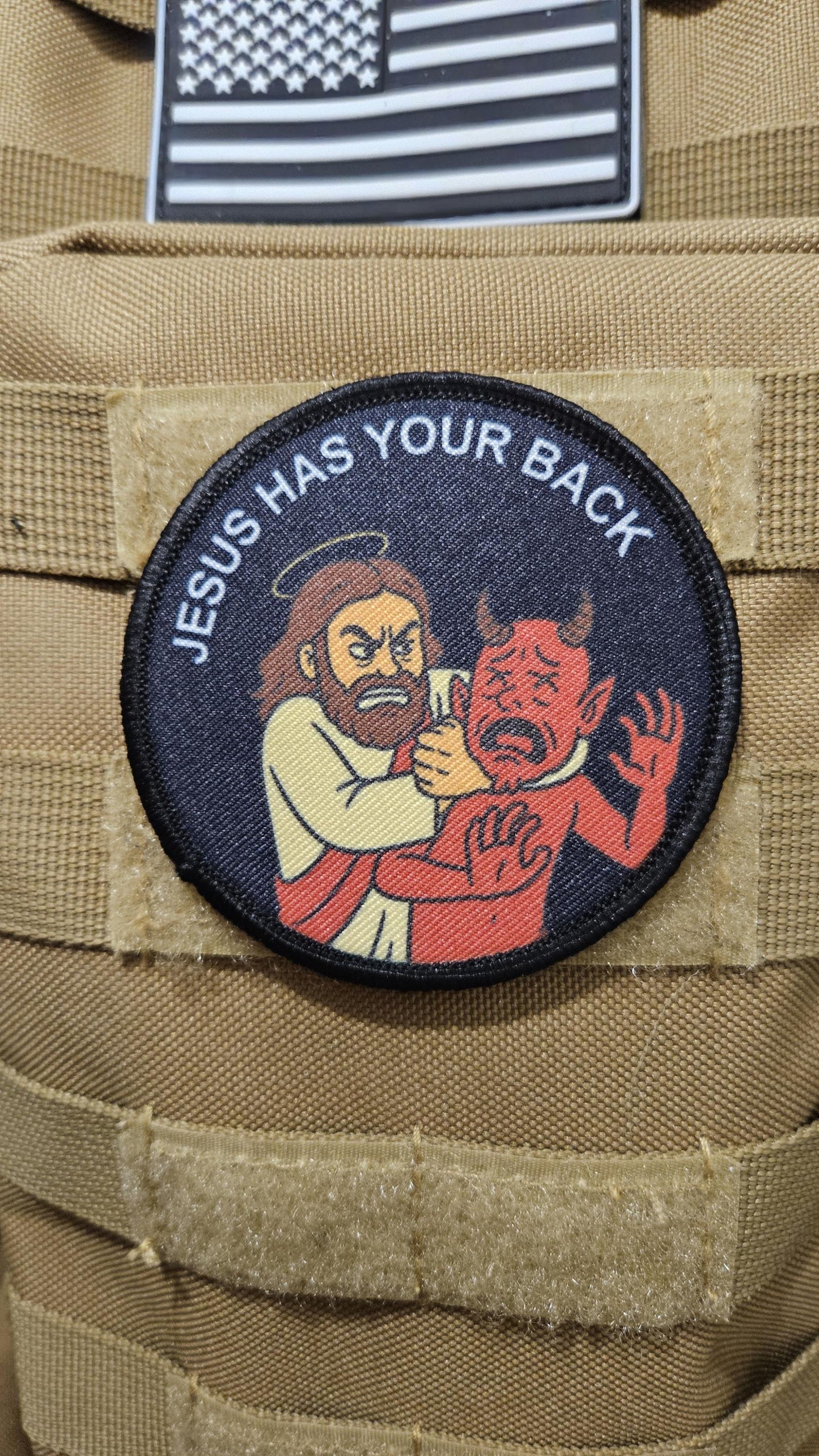 Jesus has your back funny 3" circle removable morale patch with hook and loop backing