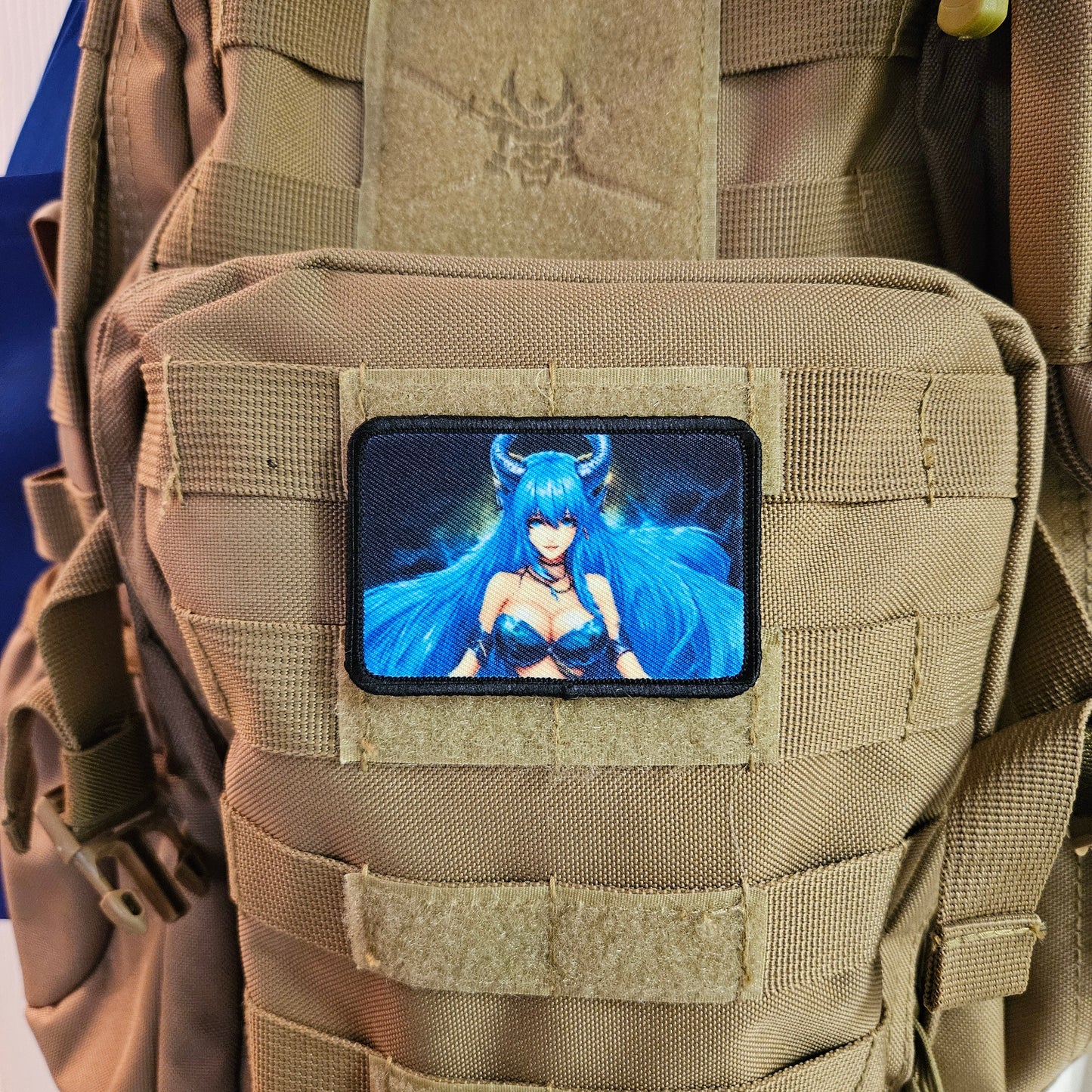 Blue haired succubus waifu 2 Sexy Anime girl cleavage bikini 2"x3"  removable morale patch with hook and loop backing