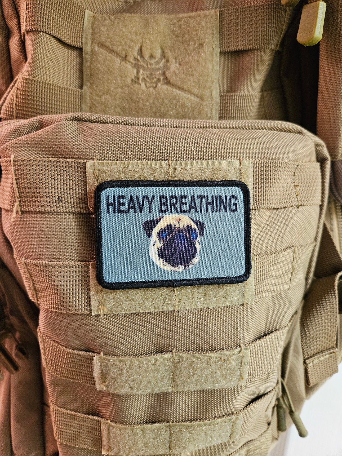 Heavy breathing  pug meme 2"x3" removable morale patch with hook and loop backing