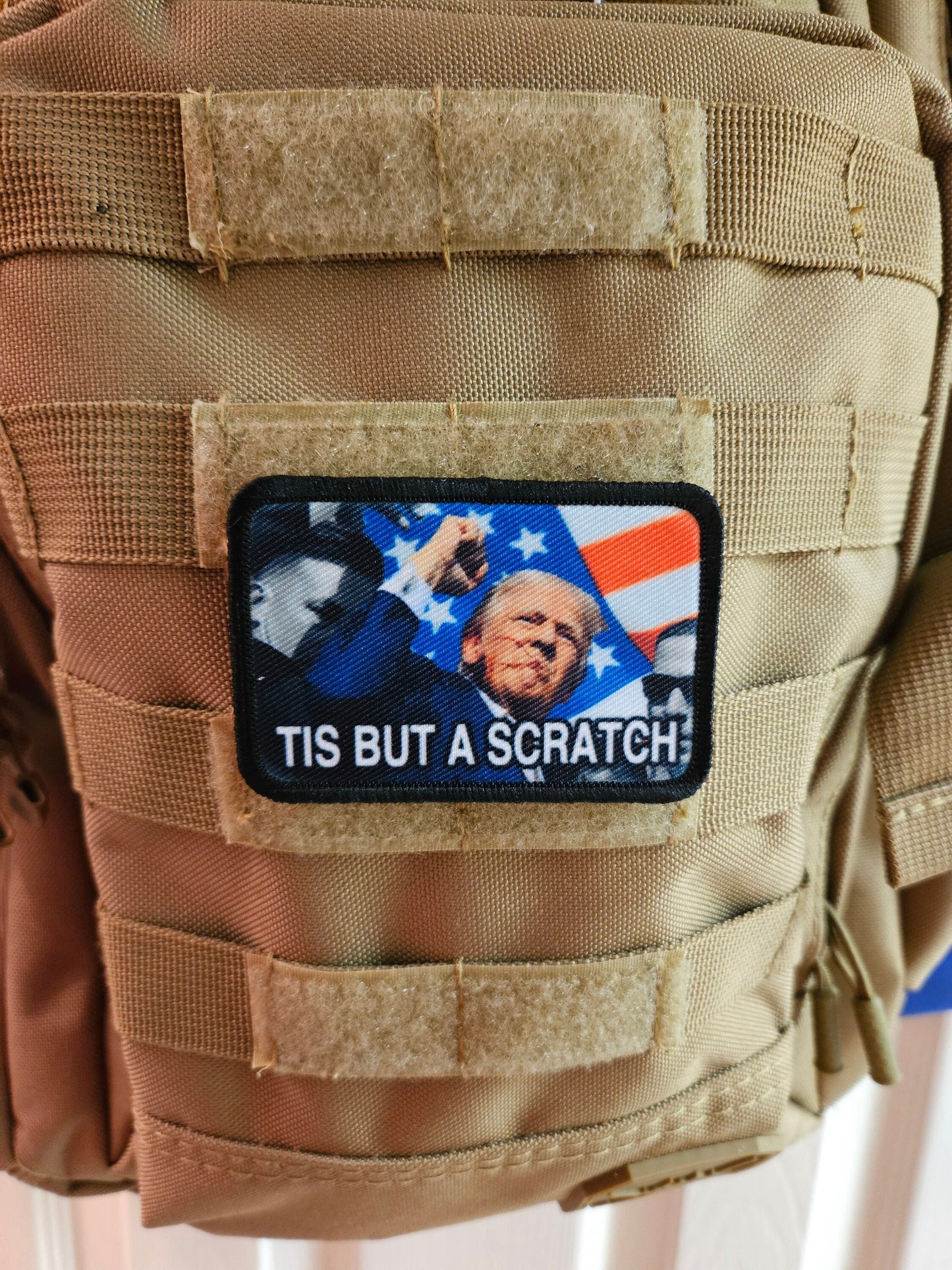 donald fist in the air tis but a scratch 2"x3" morale patch with hook and loop backing military joke meme