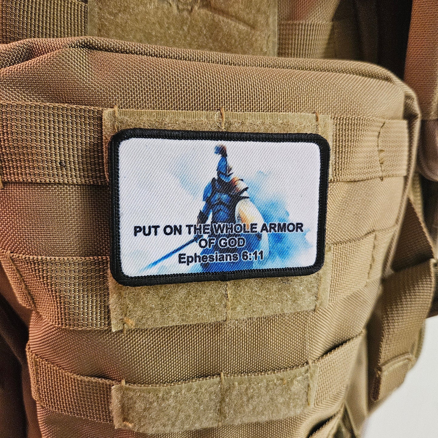 Put on the whole armor of God Ephesians bible verse  2"x3" morale patch with hook and loop backing