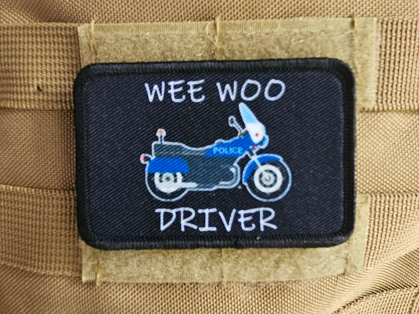 Police motorcycle  Wee woo driver driver funny 2"x3" removable morale patch with hook and loop backing