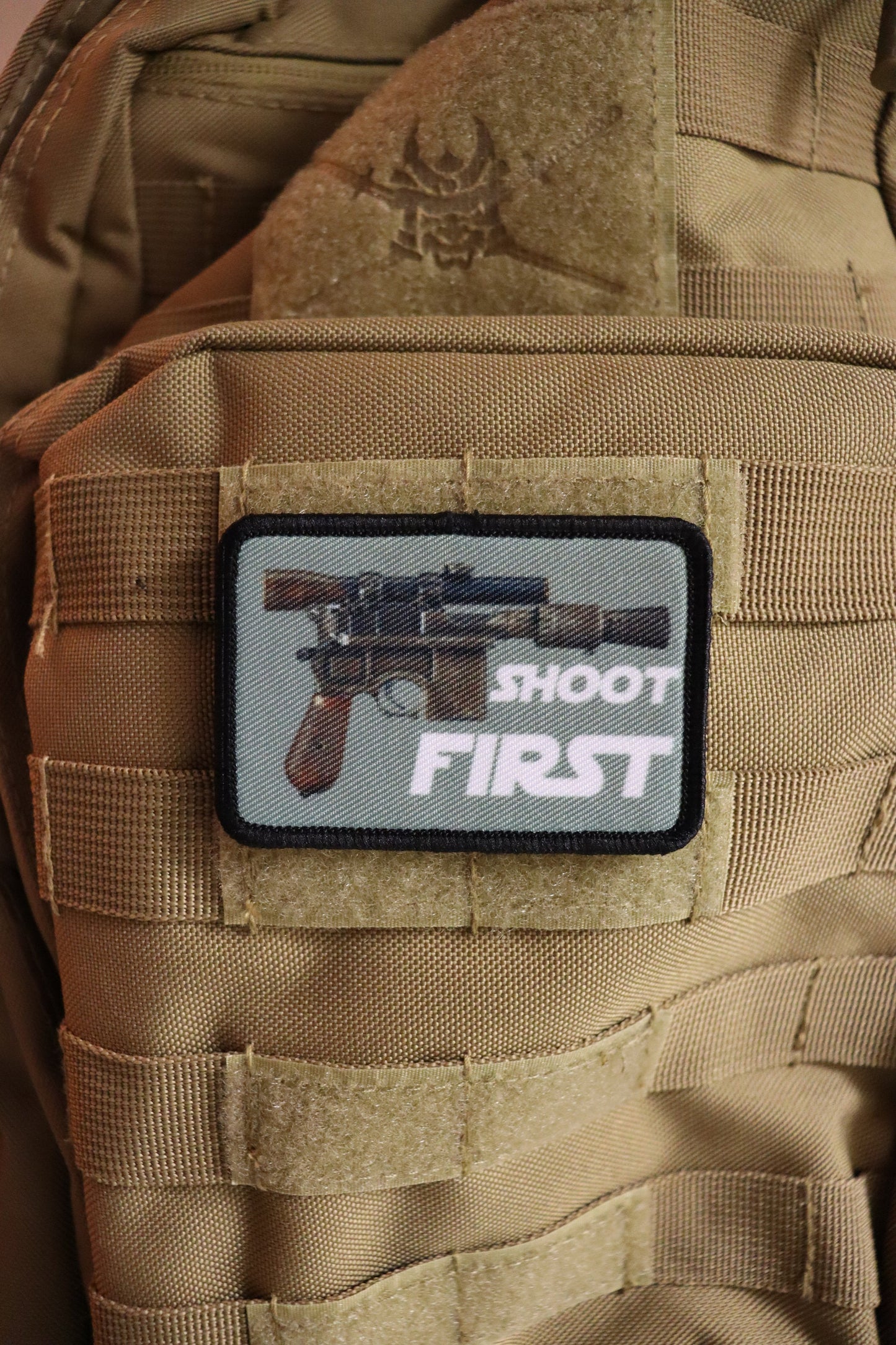 Shoot first sci fi blaster  2"x3" morale patch with hook and loop backing