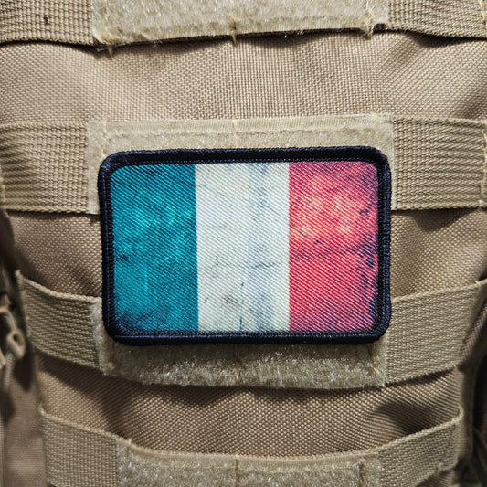 Distressed Italian flag 2"x3" morale patch with hook and loop backing