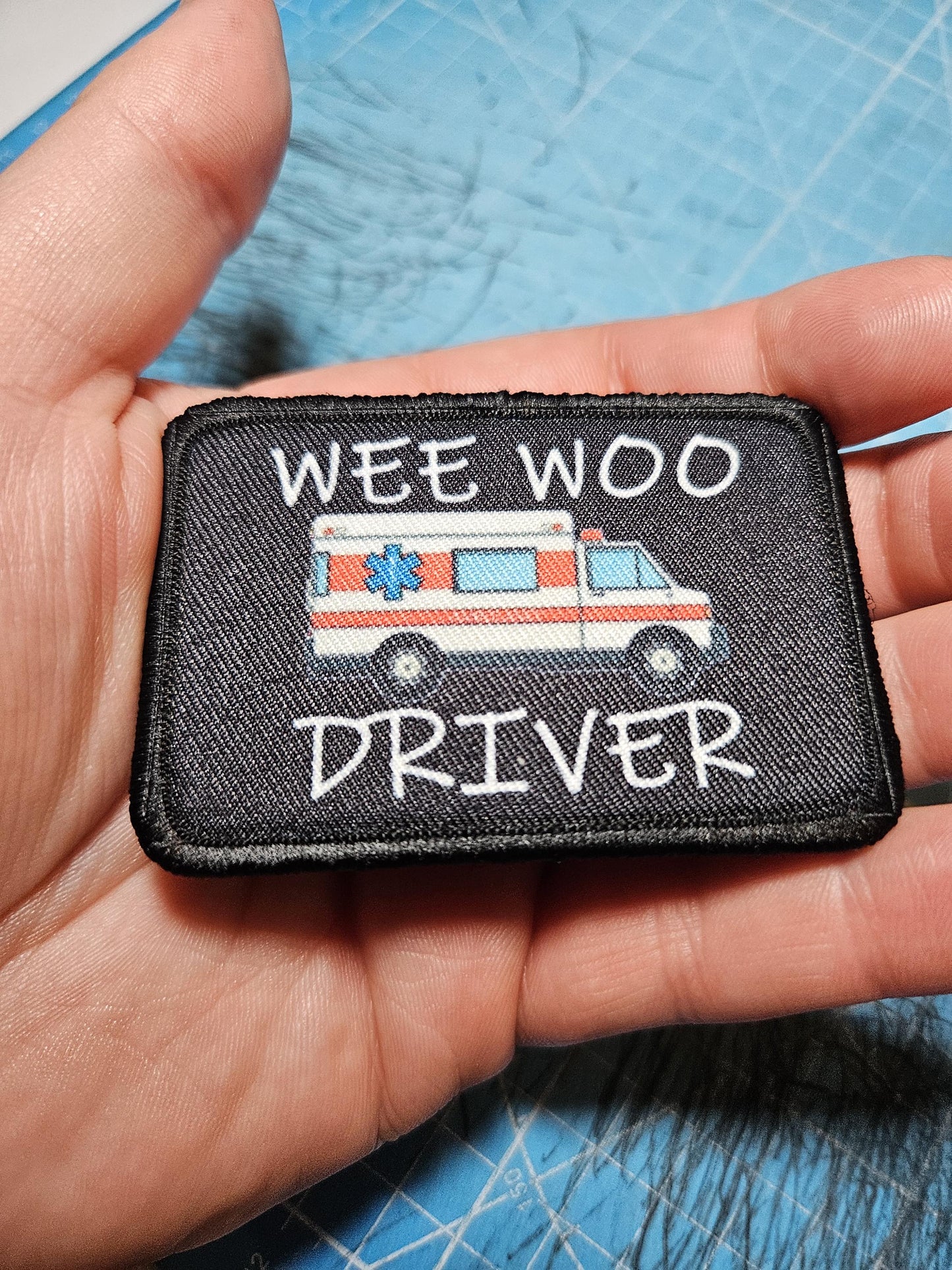 Wee woo driver ambulance EMT driver funny 2"x3" removable morale patch with hook and loop backing
