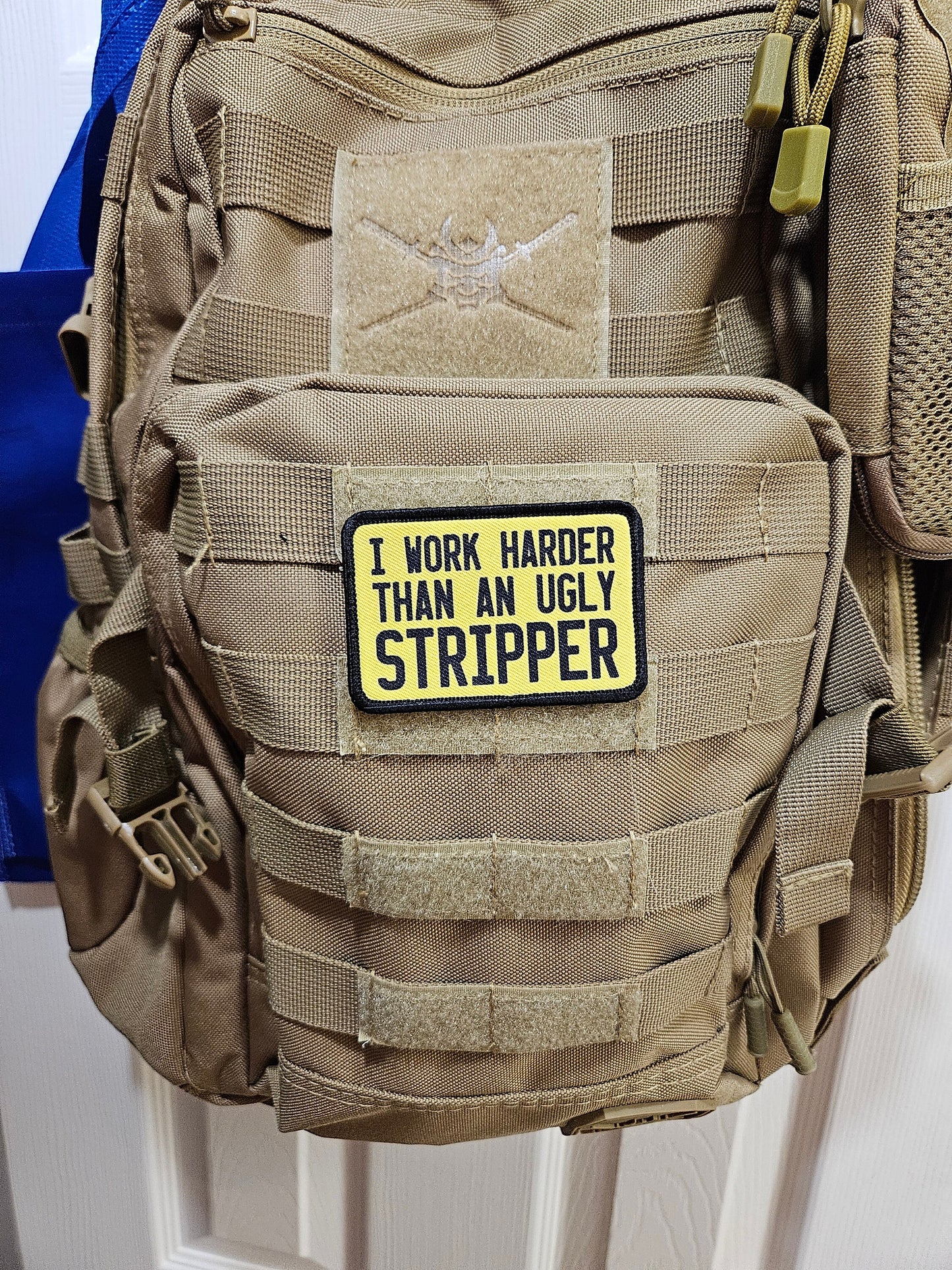 I work harder than an ugly stripper 2"x3"  removable morale patch with hook and loop backing