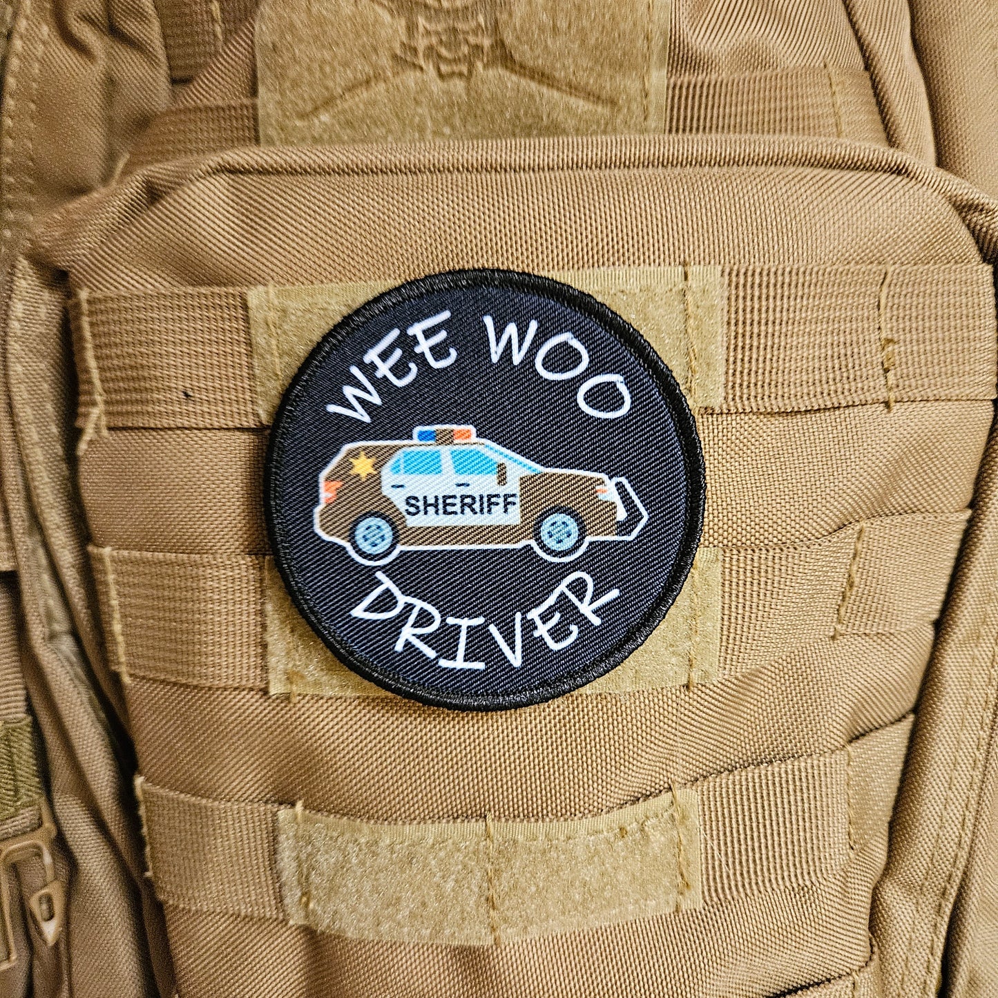 Wee woo driver sheriff suv driver funny 3" circle removable morale patch with hook and loop backing