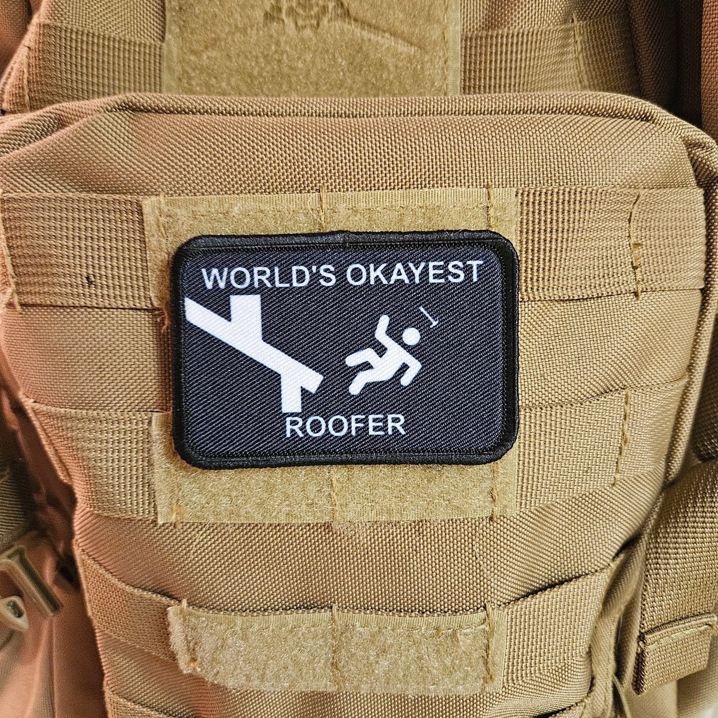 World's okayest roofer blue collar 2"x3" morale patch with hook and loop backing