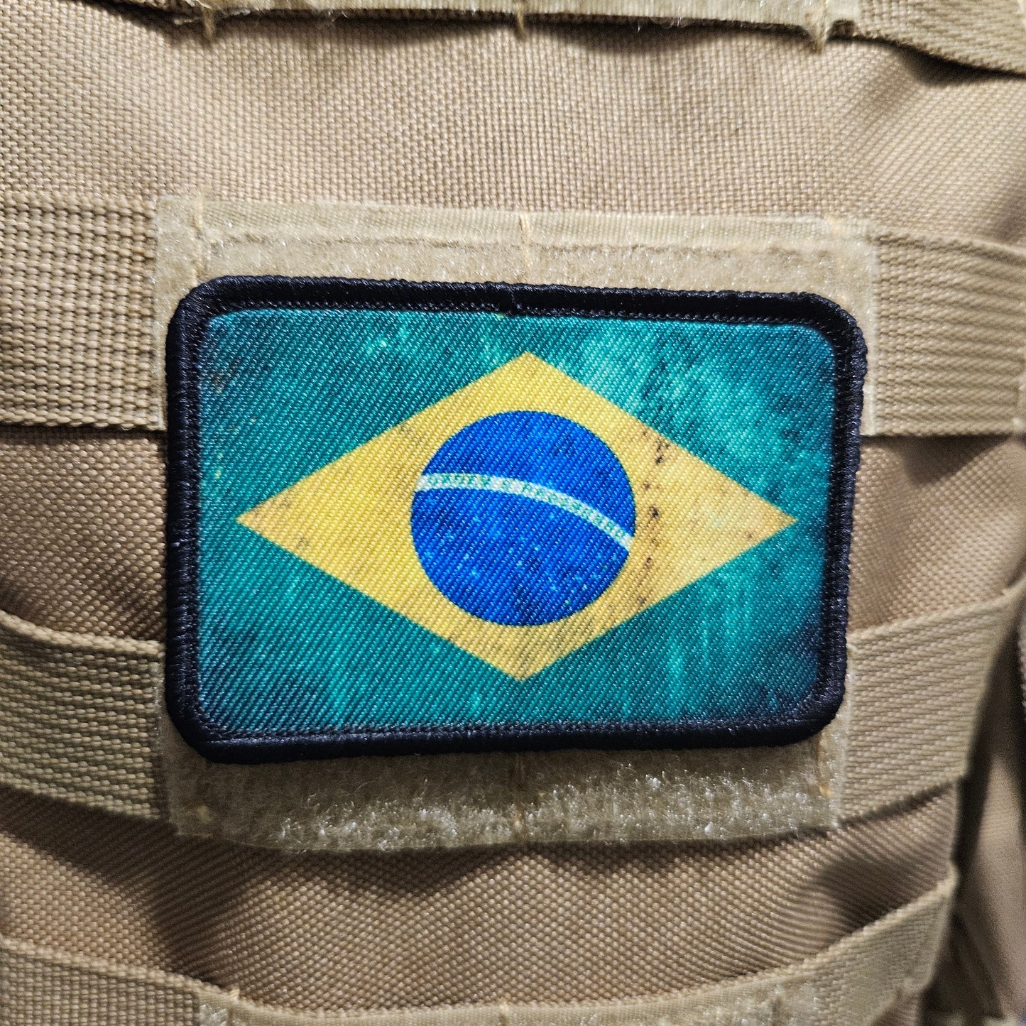 distressed Brasil flag 2"x3" morale patch with hook and loop backing