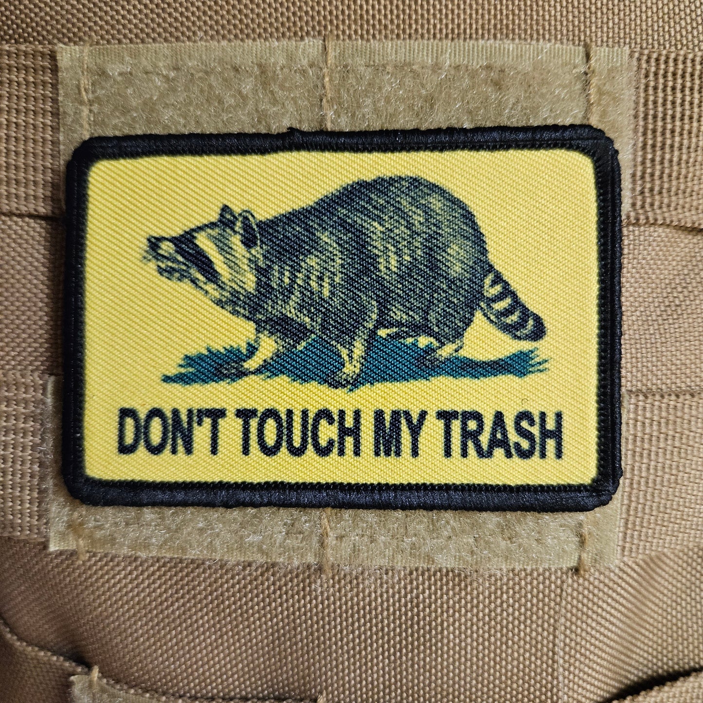 Don't touch my trash raccoon Gadsden flag meme 2"x3" removable morale patch with hook and loop backing