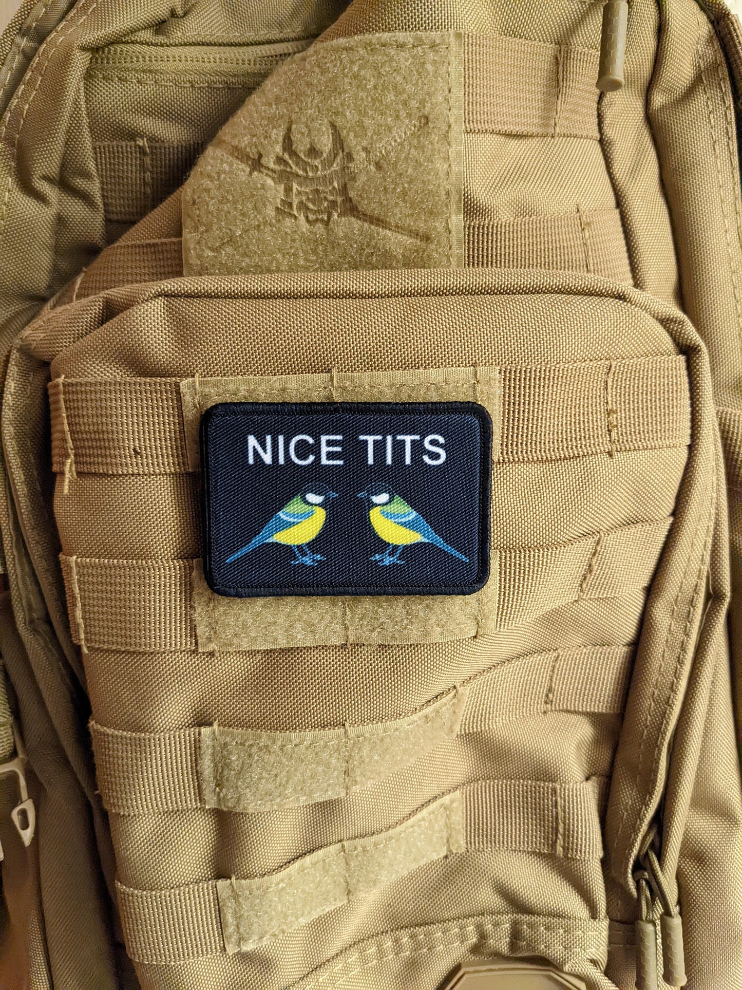 NICE TITS...they're birds, get your mind out of the gutter 2"x3" morale patch with hook and loop backing military joke meme