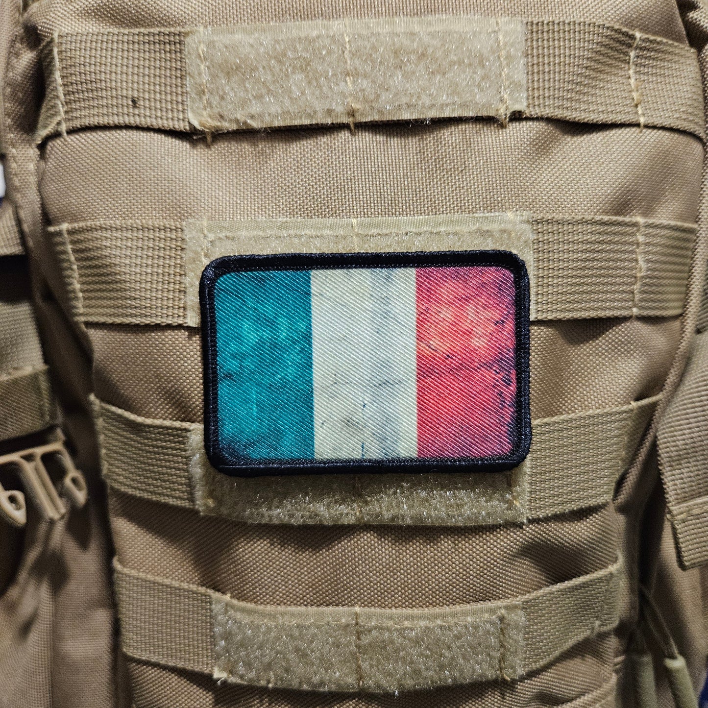 Distressed Italian flag 2"x3" morale patch with hook and loop backing