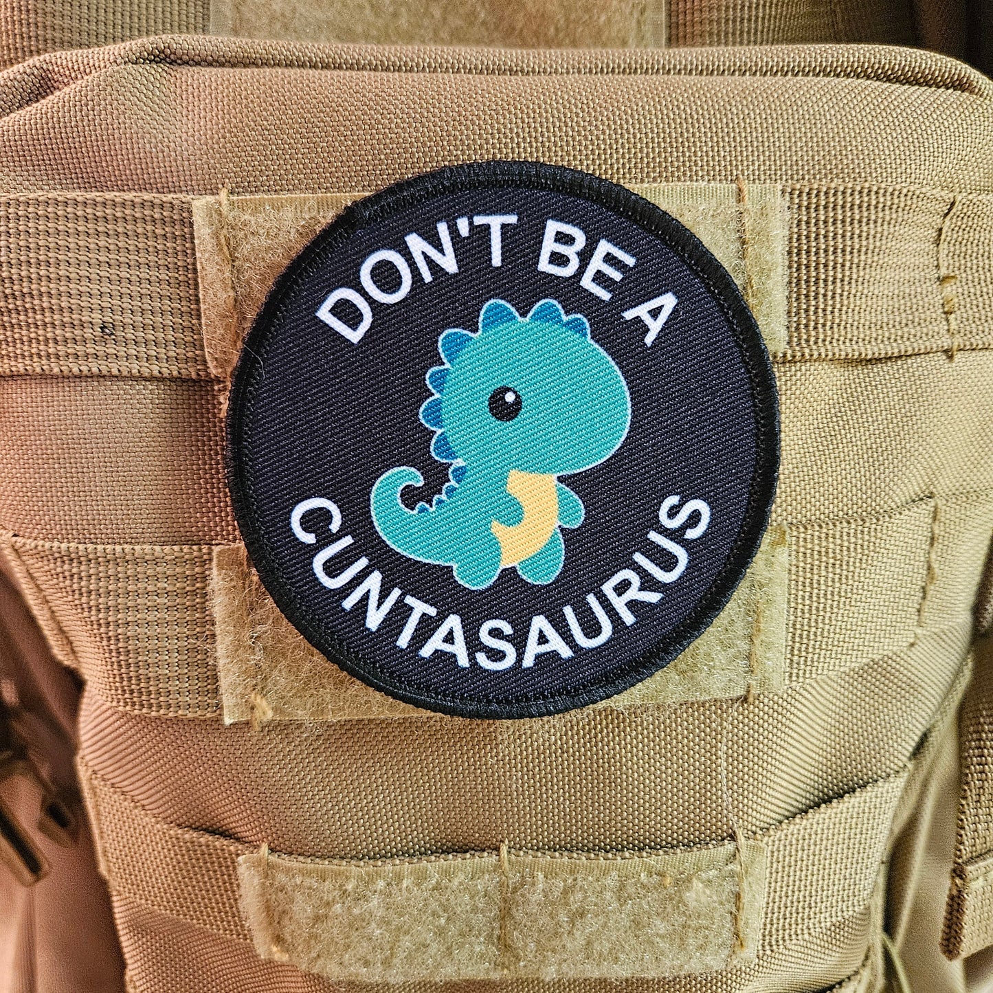 Don't be a cuntasaurus dinosaur meme green version 3" circle removable morale patch with hook and loop backing