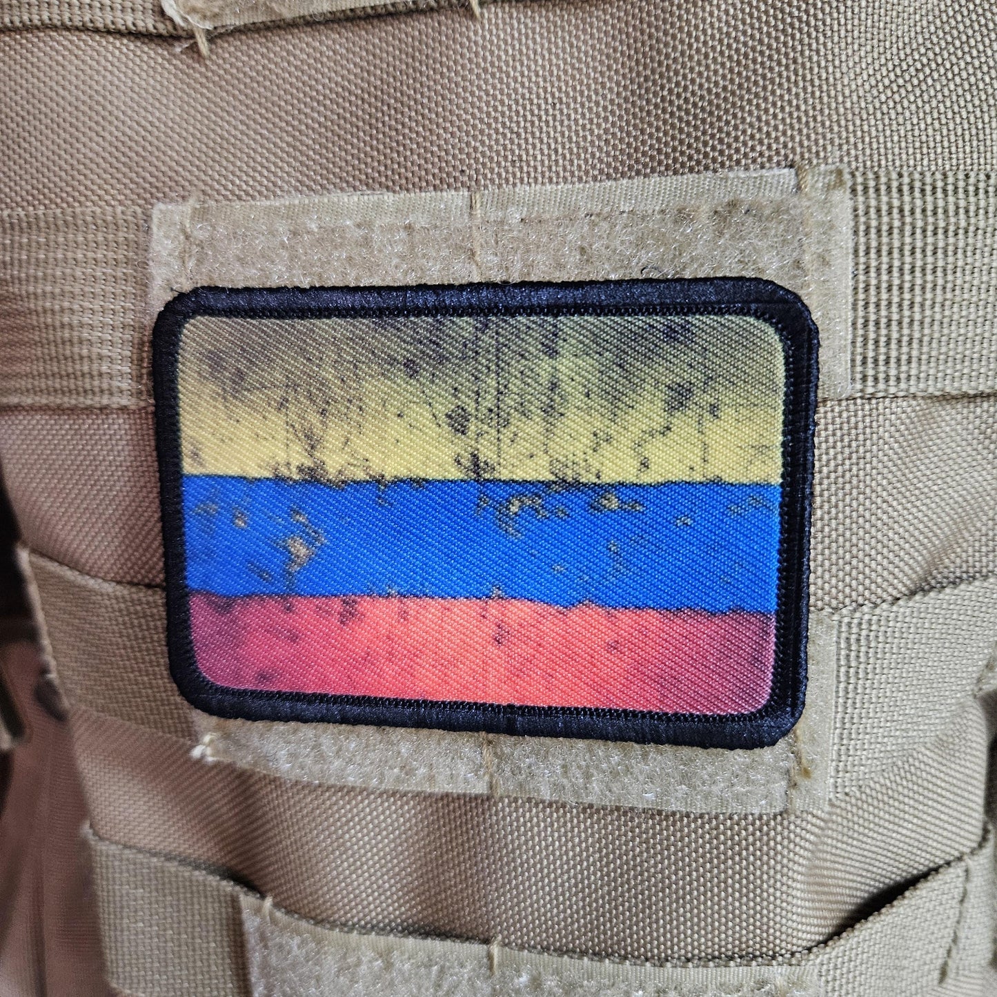 distressed Colombian flag 2"x3" morale patch with hook and loop backing