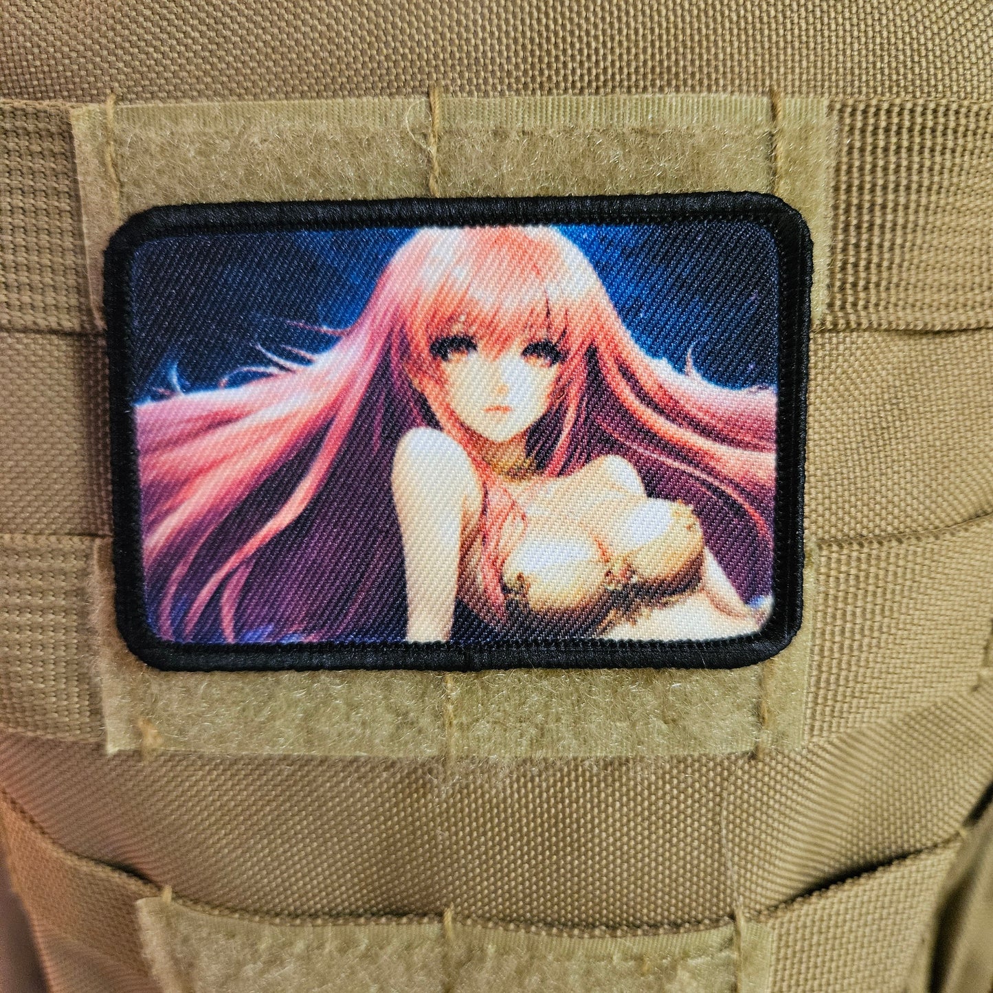 Long Pink hair waifu Sexy Anime girl cleavage bikini 2"x3"  removable morale patch with hook and loop backing