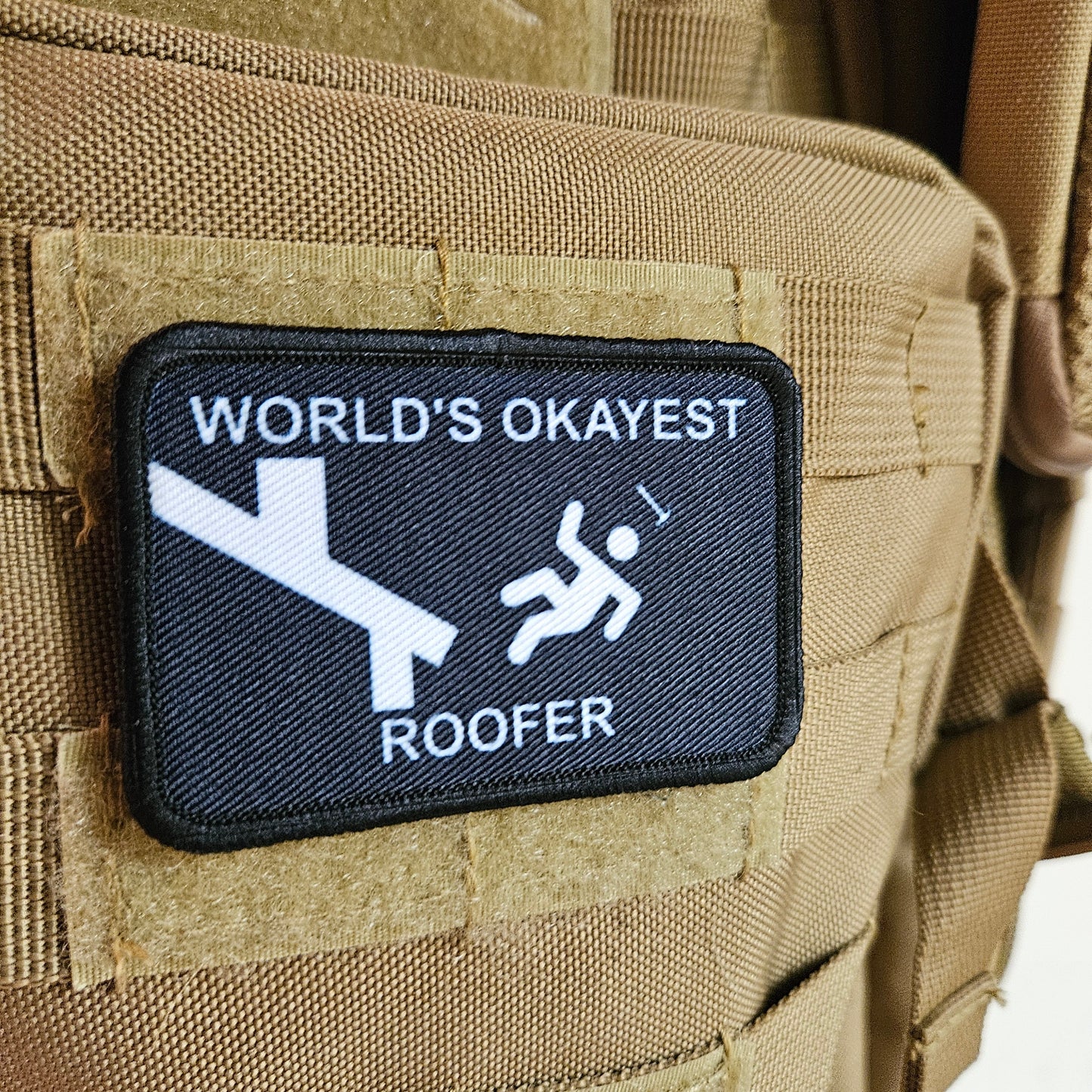 World's okayest roofer blue collar 2"x3" morale patch with hook and loop backing