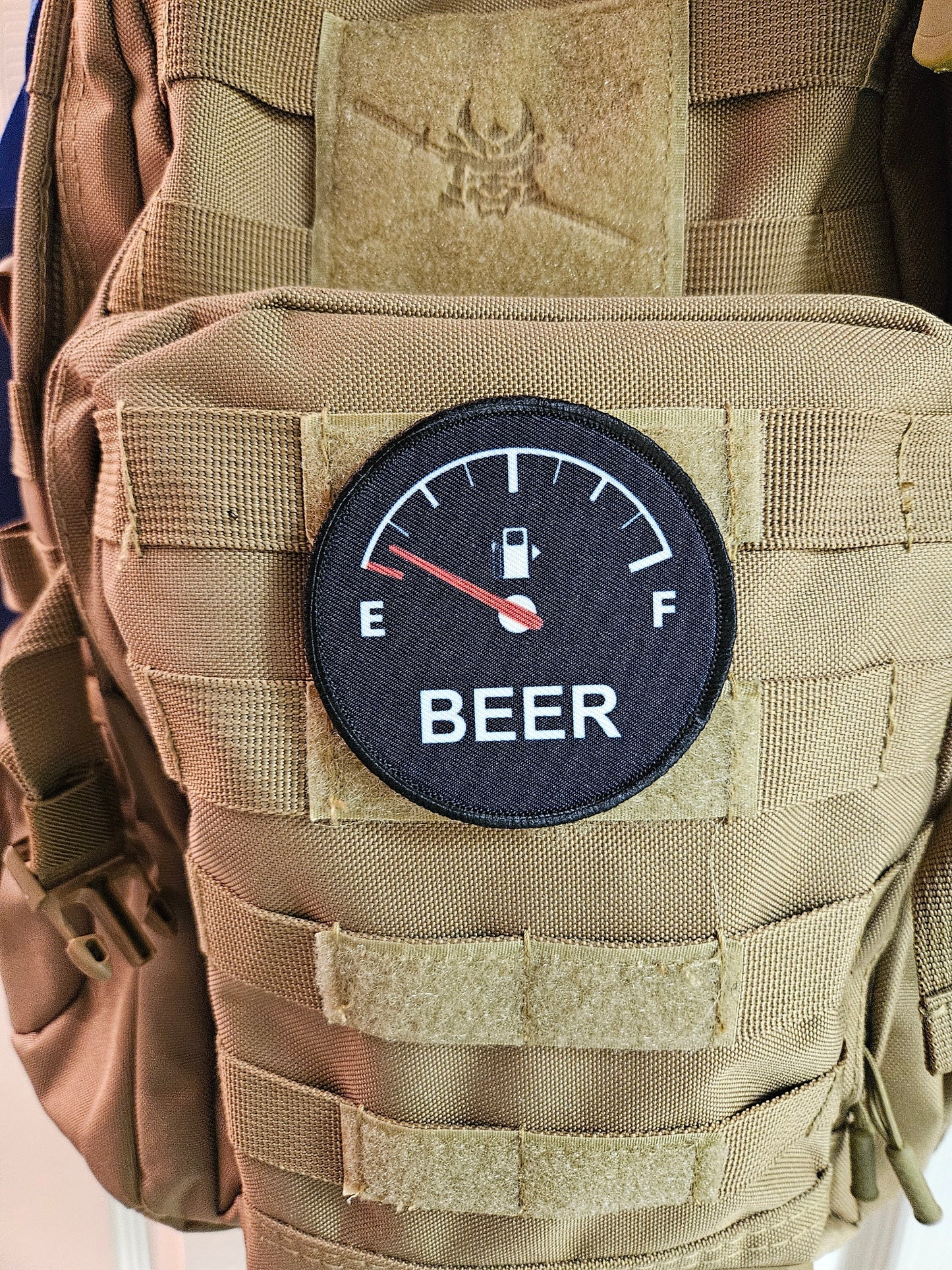 Running on empty beer meme 3" circle removable morale patch with hook and loop backing