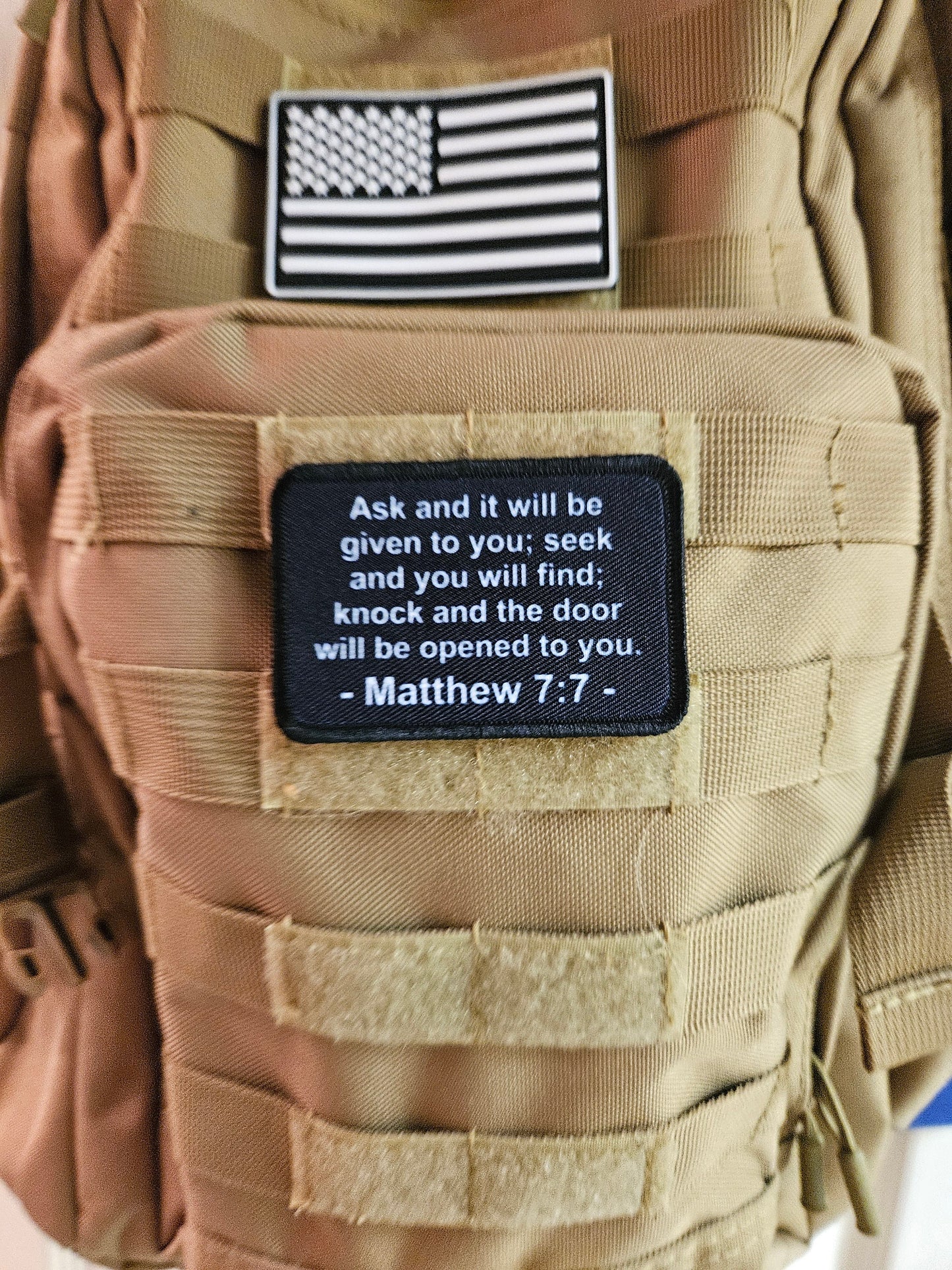 Ask amd it will be given to you Matthew  7:7 bible verse  2"x3" morale patch with hook and loop backing