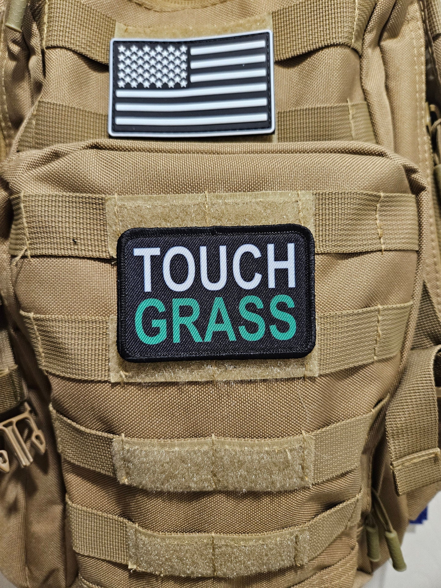 Touch grass meme 2"x3" removable morale patch with hook and loop backing
