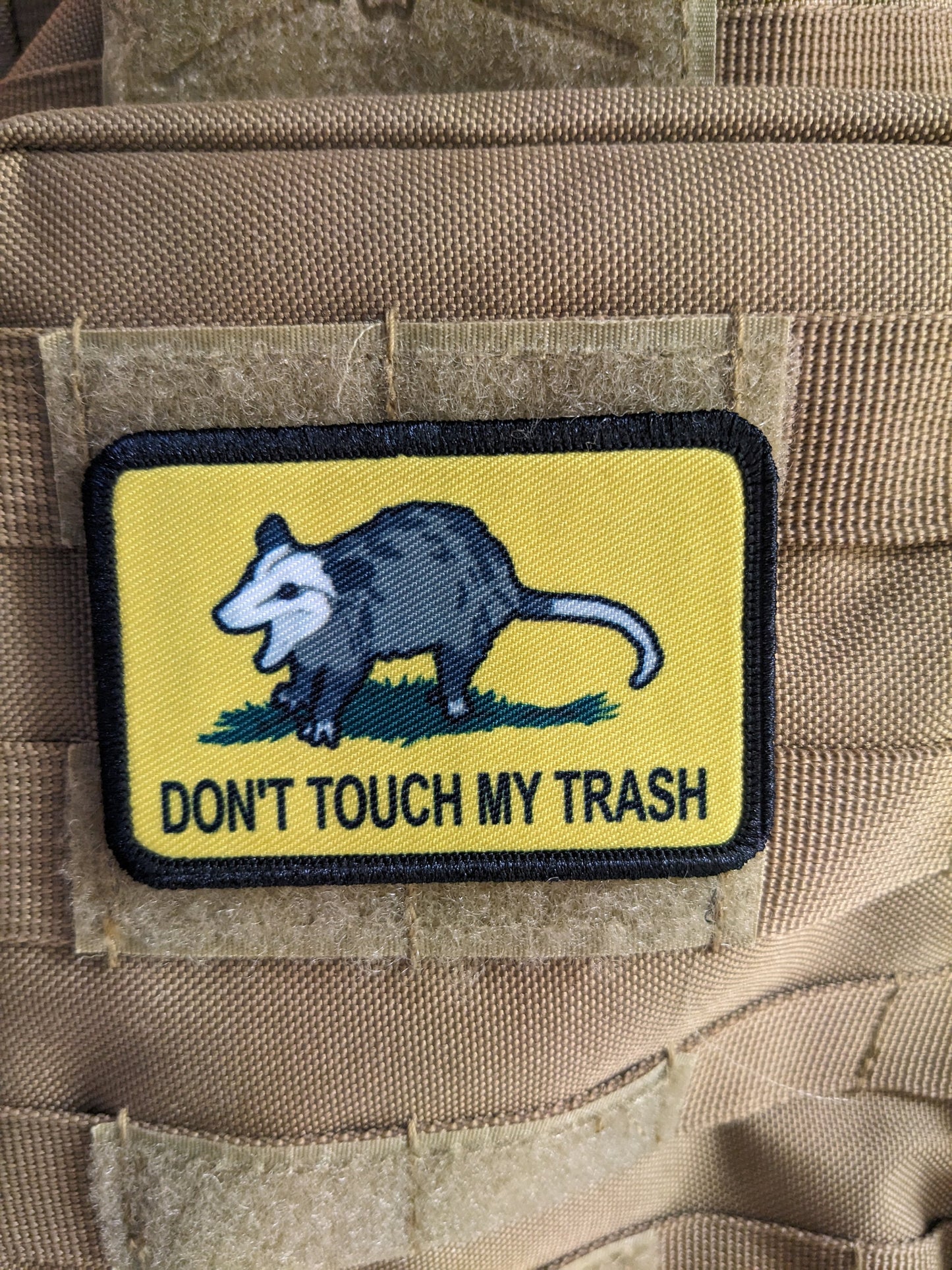 Don't touch my trash possum joke Gadsden flag meme  2"x3" removable morale patch with hook and loop backing