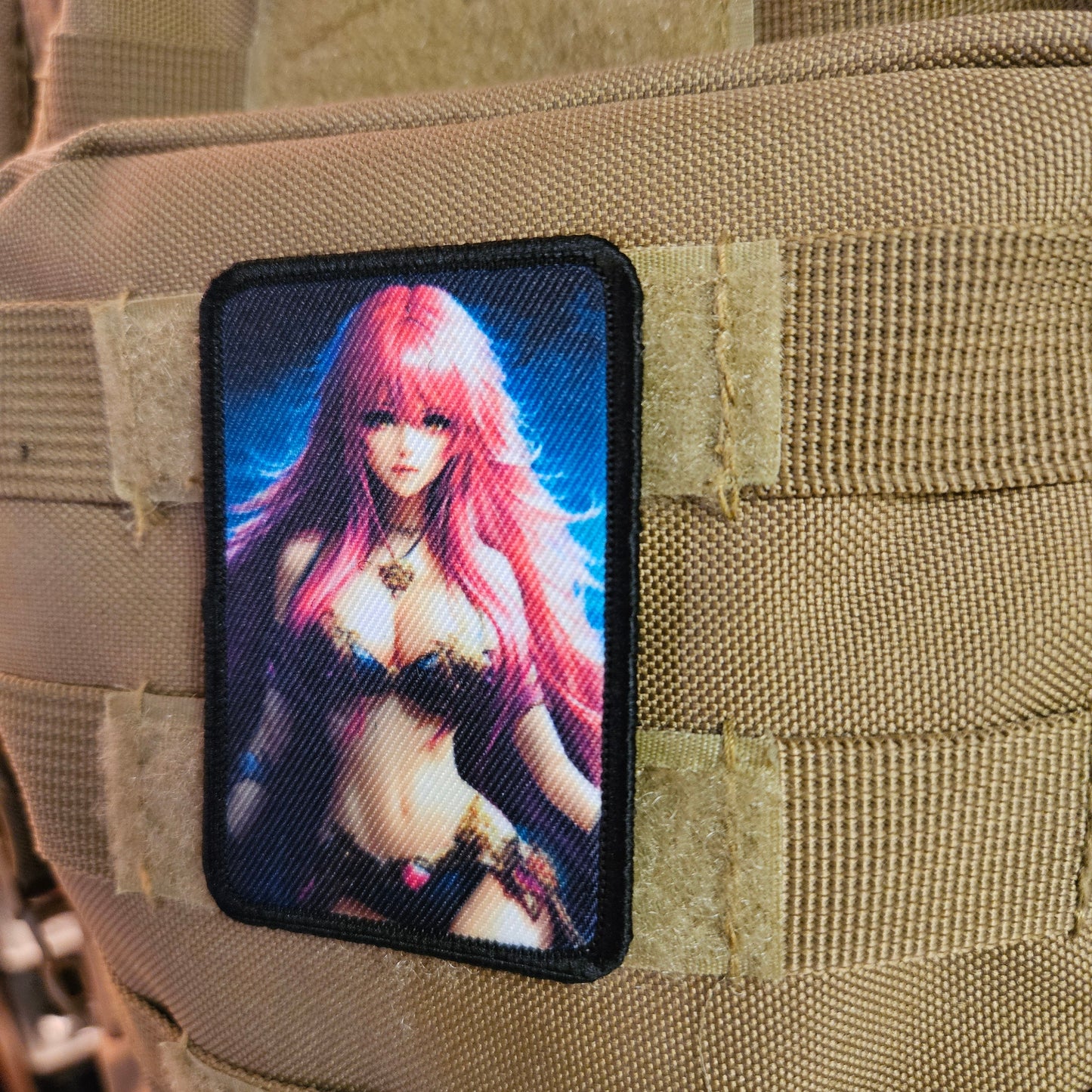 Pink hair waifu Sexy Anime girl cleavage bikini 2"x3"  removable morale patch with hook and loop backing