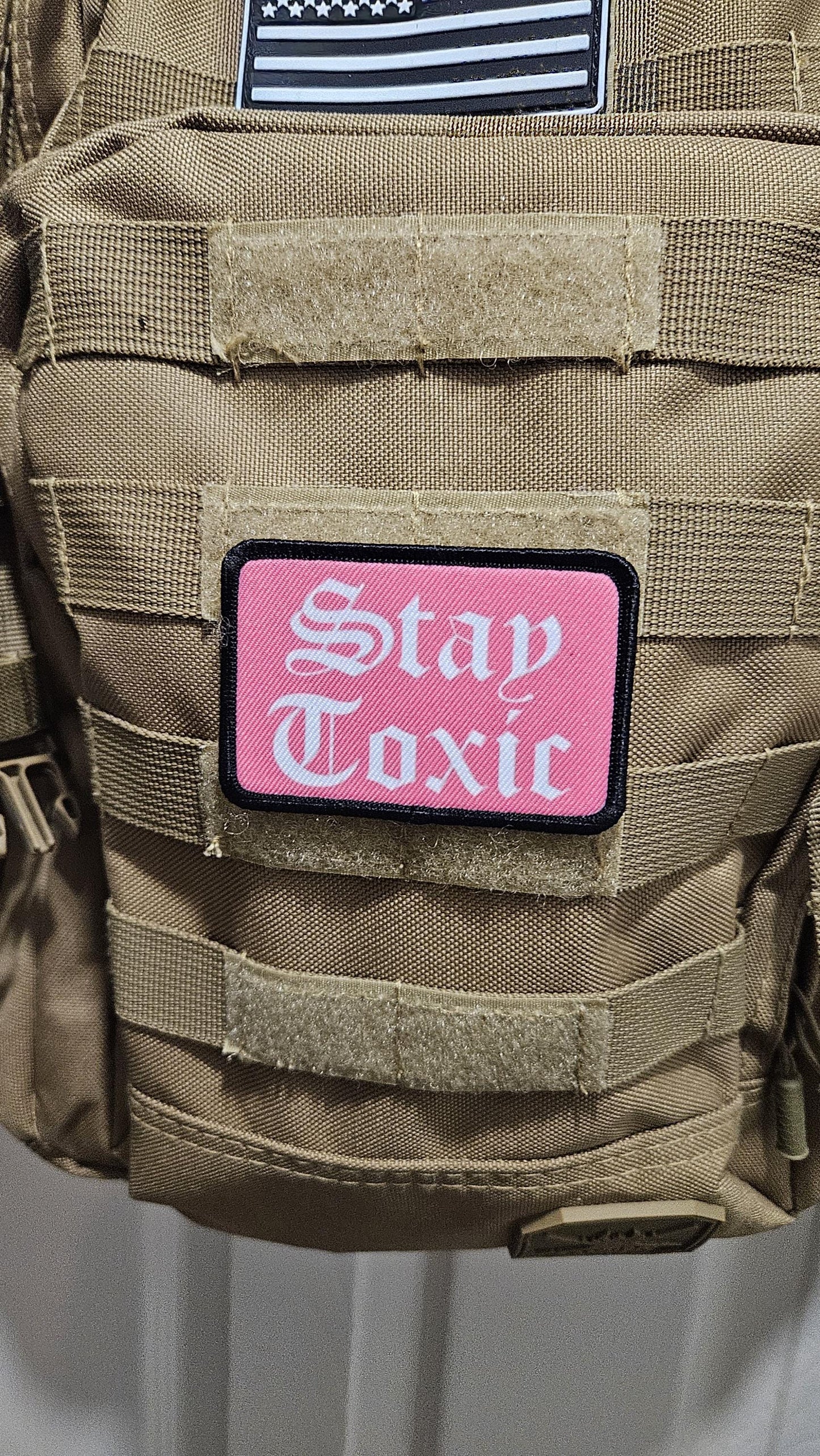 Stay toxic meme  pink and white 2"x3" removable morale patch with hook and loop backing