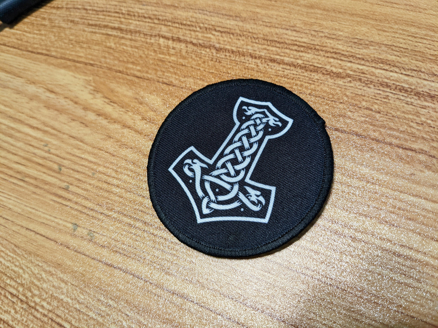 Thor's hammer rune black 3" circle removable morale patch with hook and loop for hat