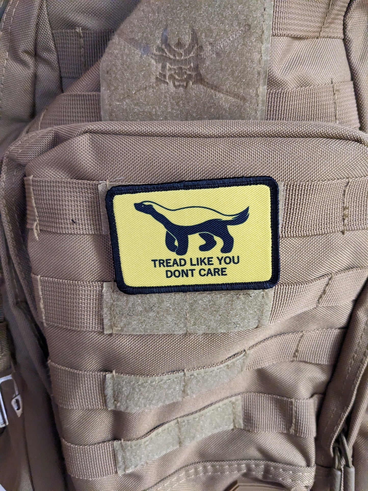 Tread like you don't care honey badger Gadsden flag meme  2"x3" removable morale patch with hook and loop backing