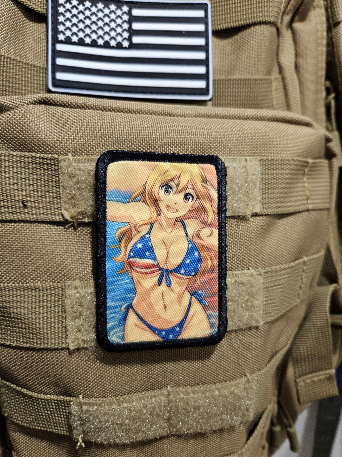 Sexy Anime girl cleavage american flag bikini waifu 2"x3"  removable morale patch with hook and loop backing