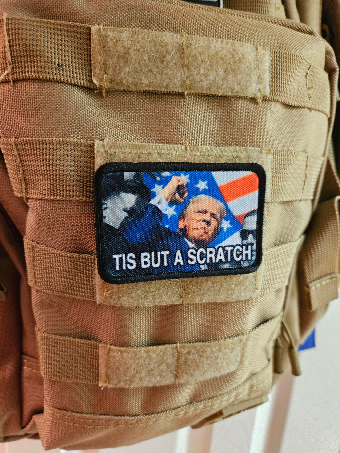 donald fist in the air tis but a scratch 2"x3" morale patch with hook and loop backing military joke meme