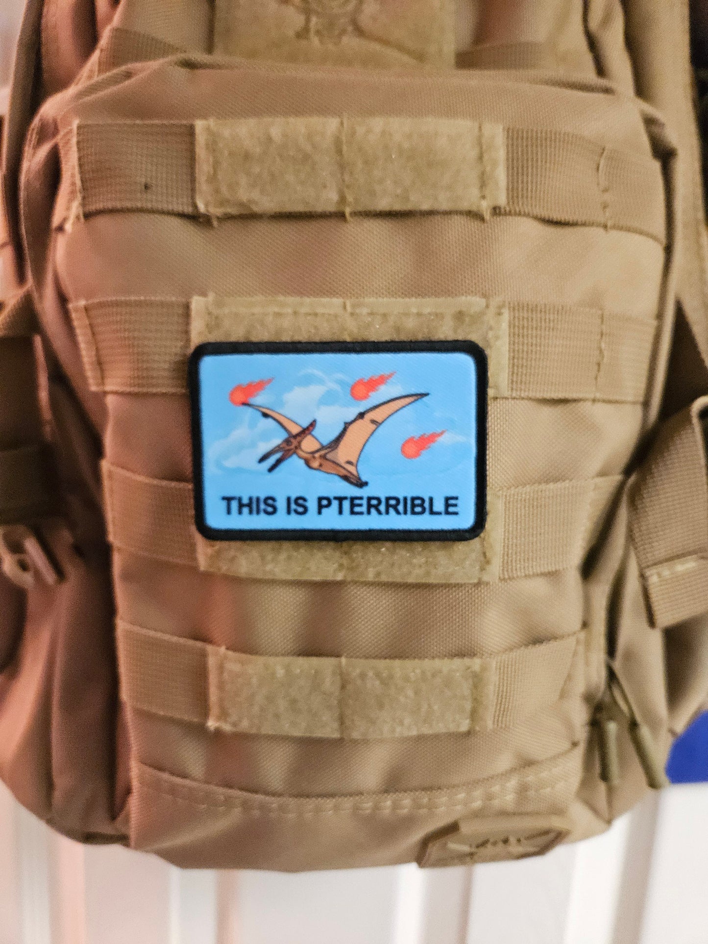 This is pterrible pterodactyl meme 2"x3" morale patch with hook and loop backing