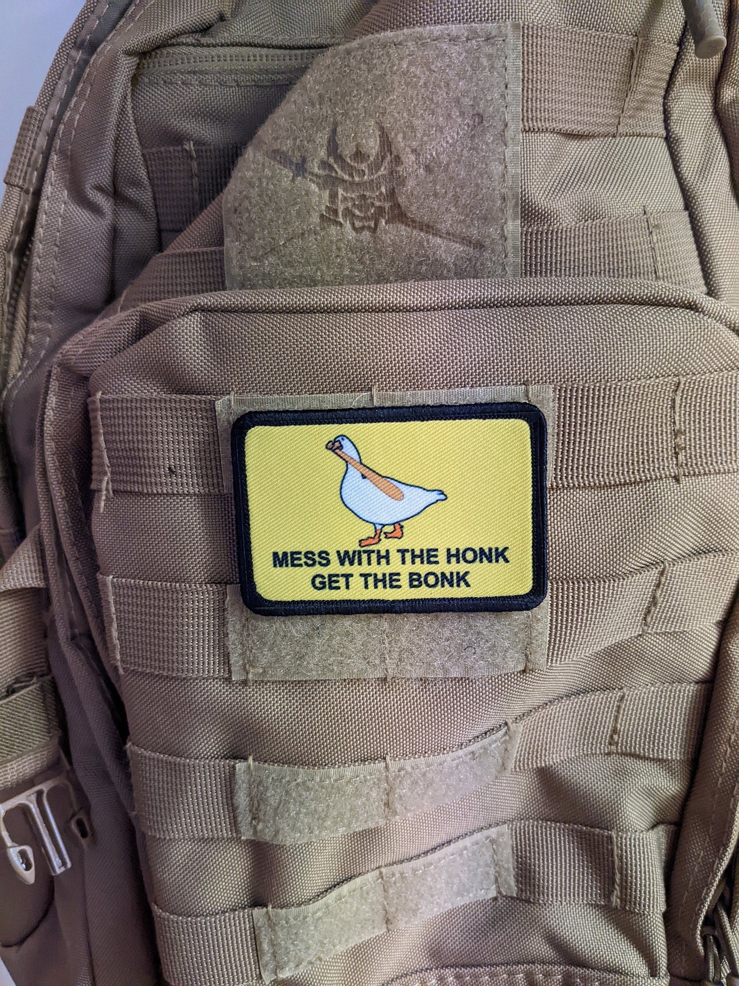 Mess with the honk get the bonk Gadsden flag goose meme 2"x3" removable morale patch with hook and loop backing