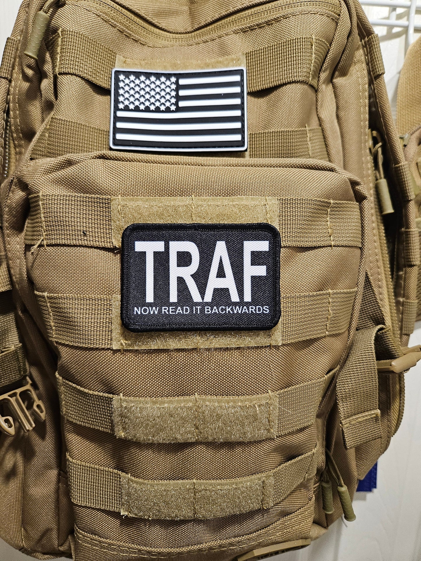 TRAF fart backwards meme 2"x3" removable morale patch with hook and loop backing