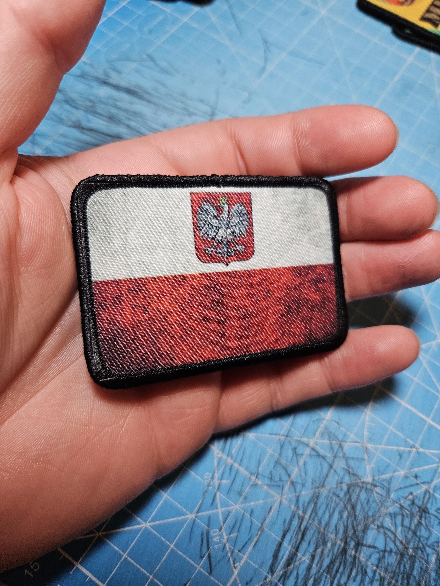 Distressed Poland flag with crest 2"x3" morale patch with hook and loop backing