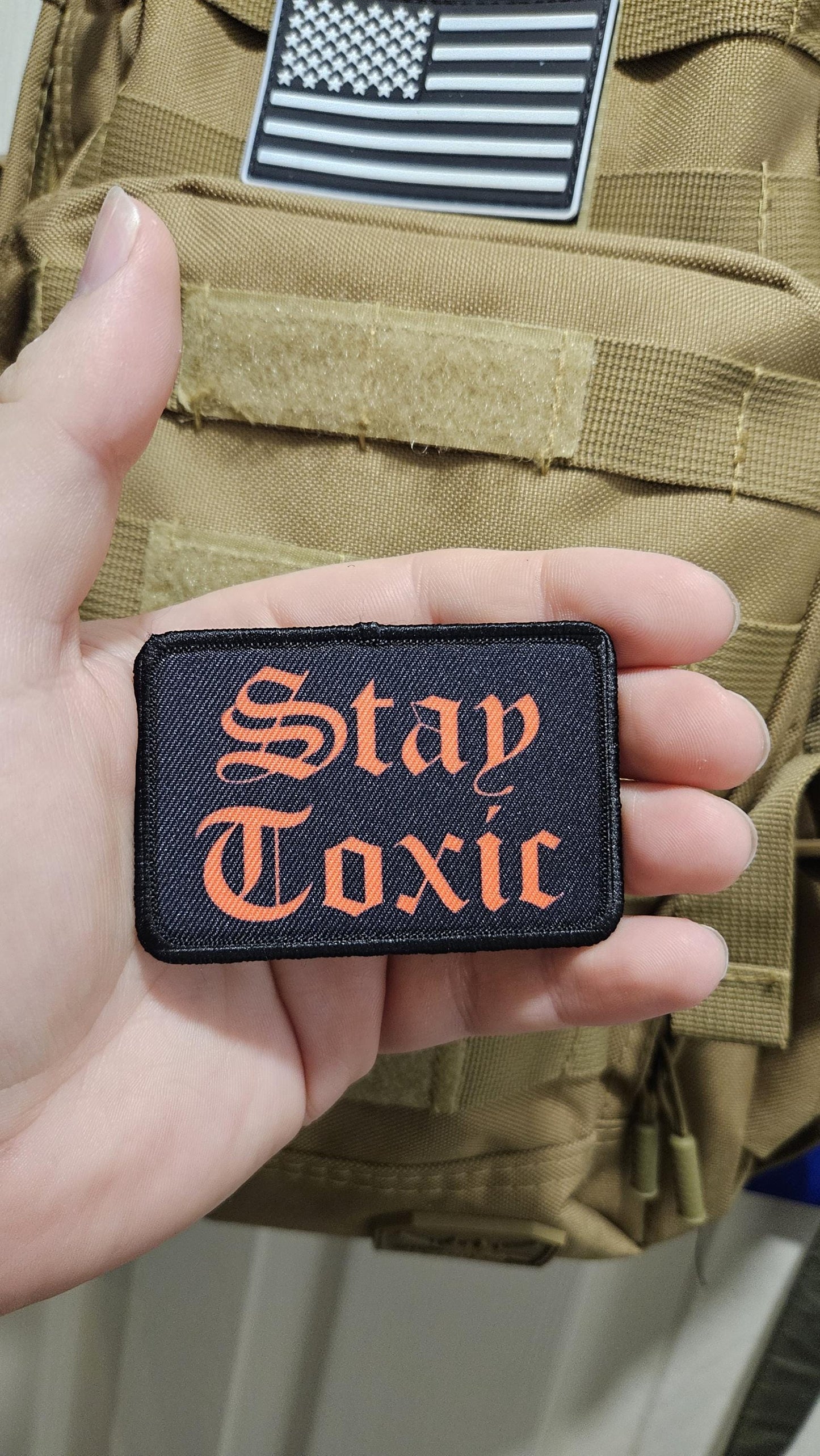 Stay toxic meme  red on black 2"x3" removable morale patch with hook and loop backing