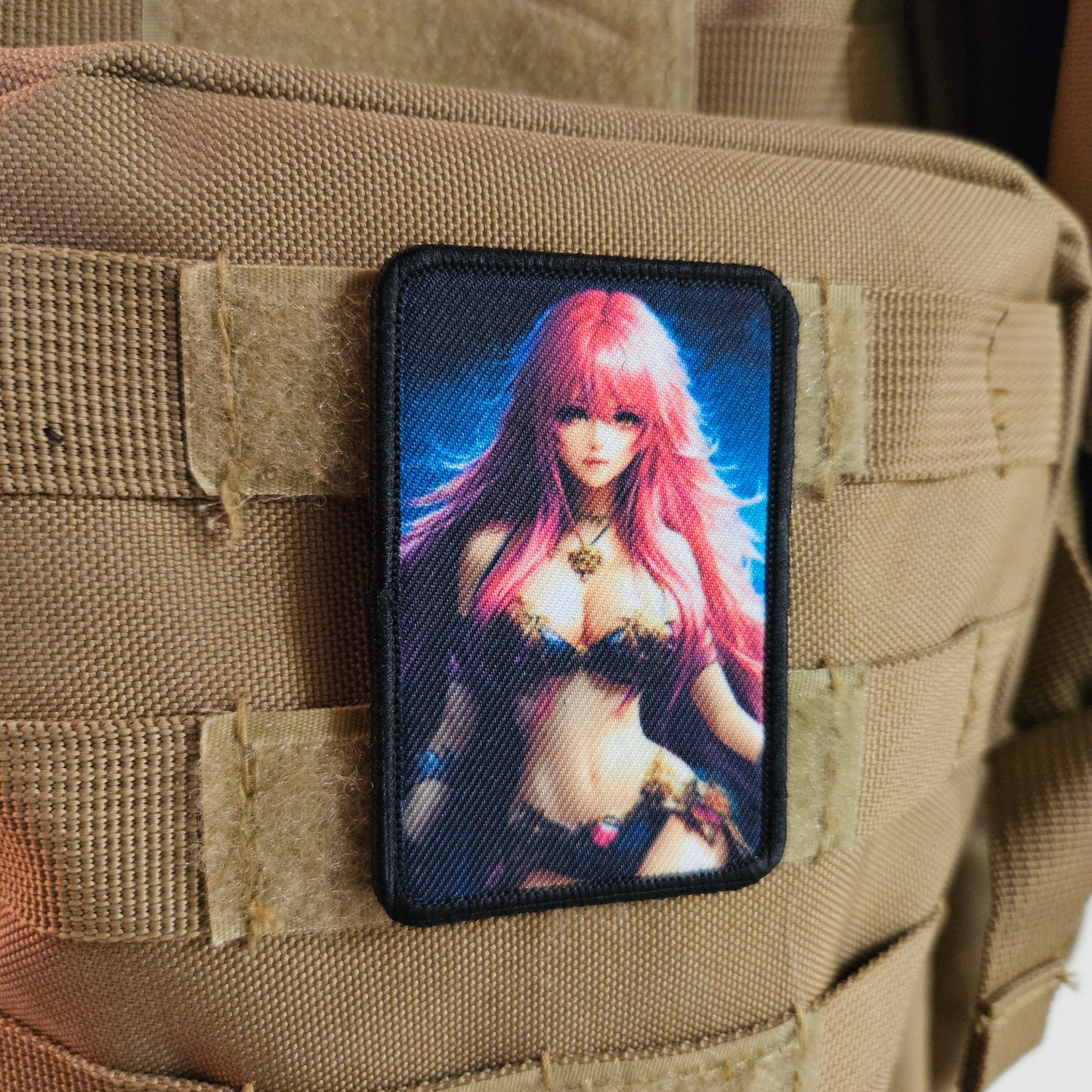 Pink hair waifu Sexy Anime girl cleavage bikini 2"x3"  removable morale patch with hook and loop backing