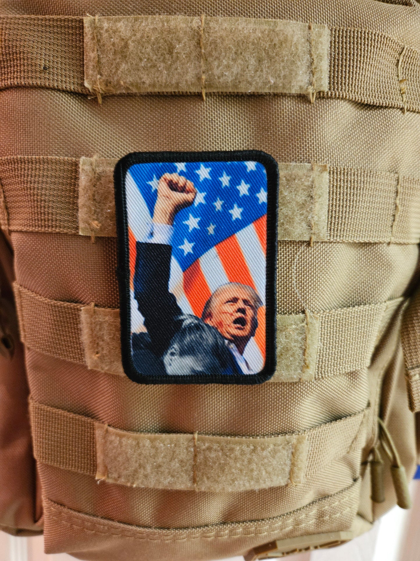 Flag background donald fist in the air  2"x3" morale patch with hook and loop backing military joke meme