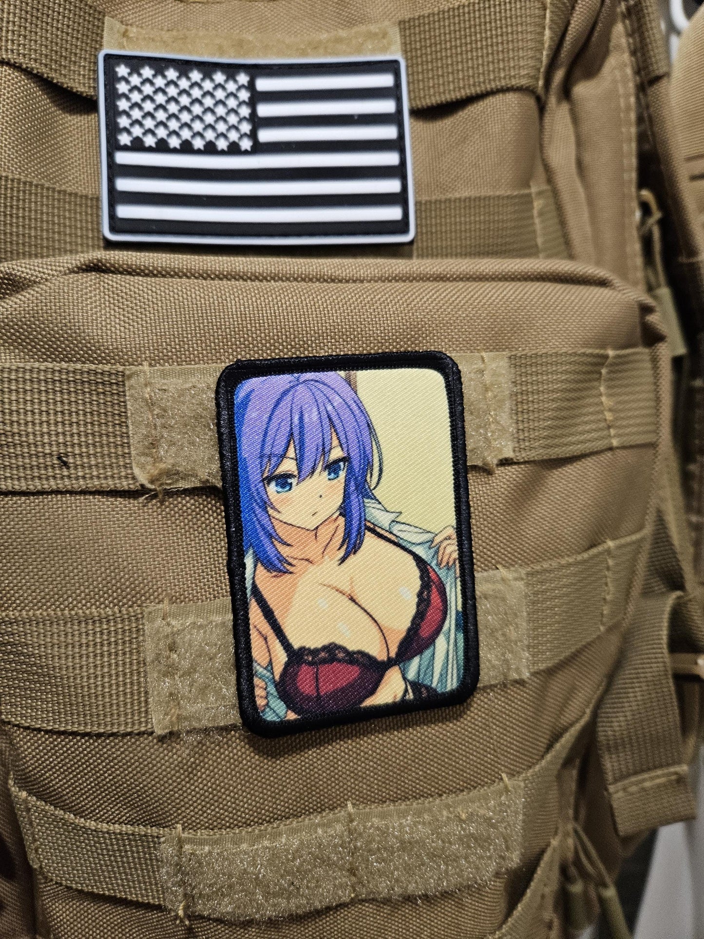 Sexy Anime girl in lingerie busty waifu 2"x3"  removable morale patch with hook and loop backing