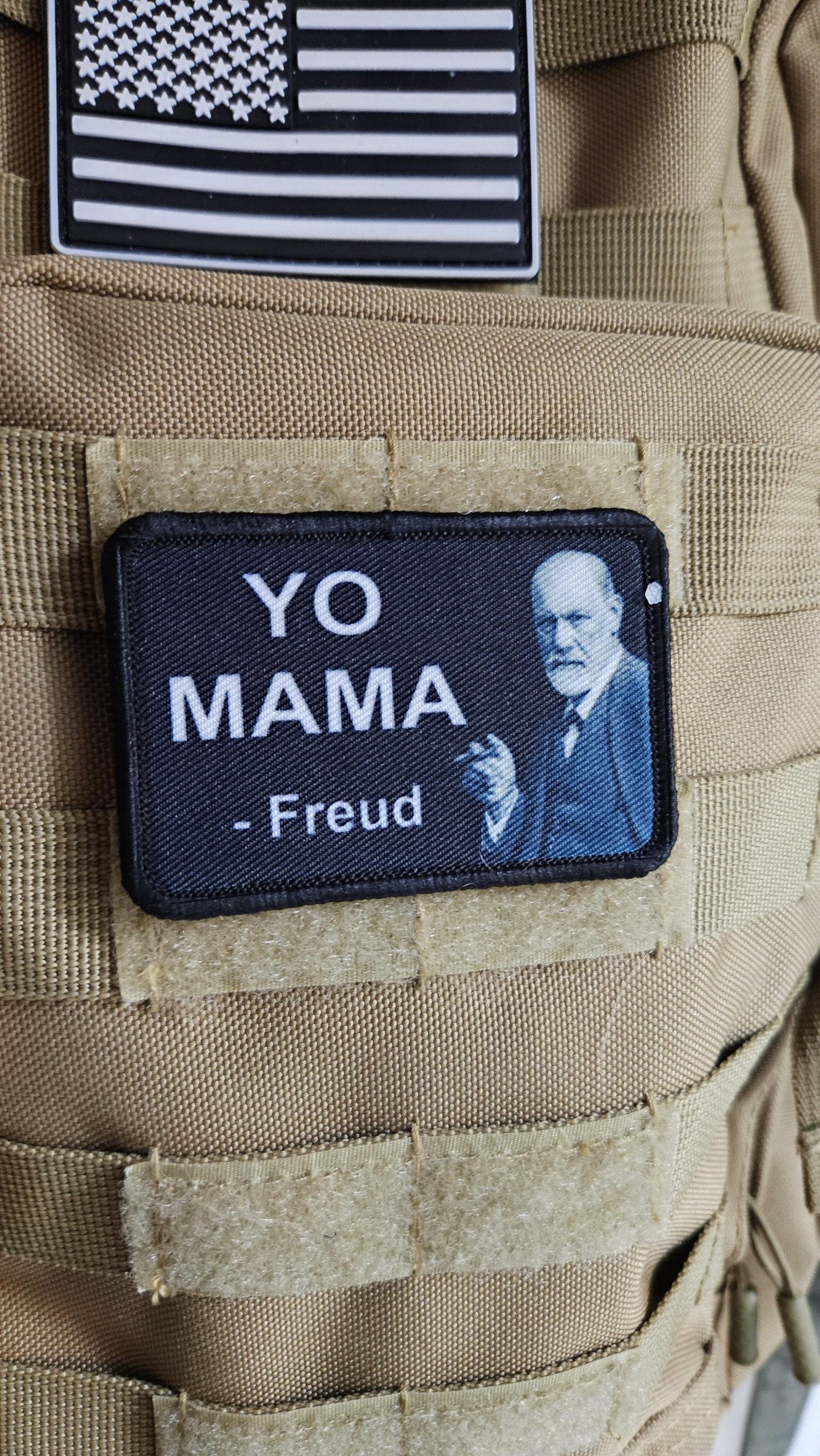 Freud you mama meme 2"x3" removable morale patch with hook and loop backing black and white