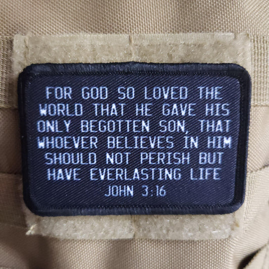 John 3:16 bible verse  2"x3" morale patch with hook and loop backing