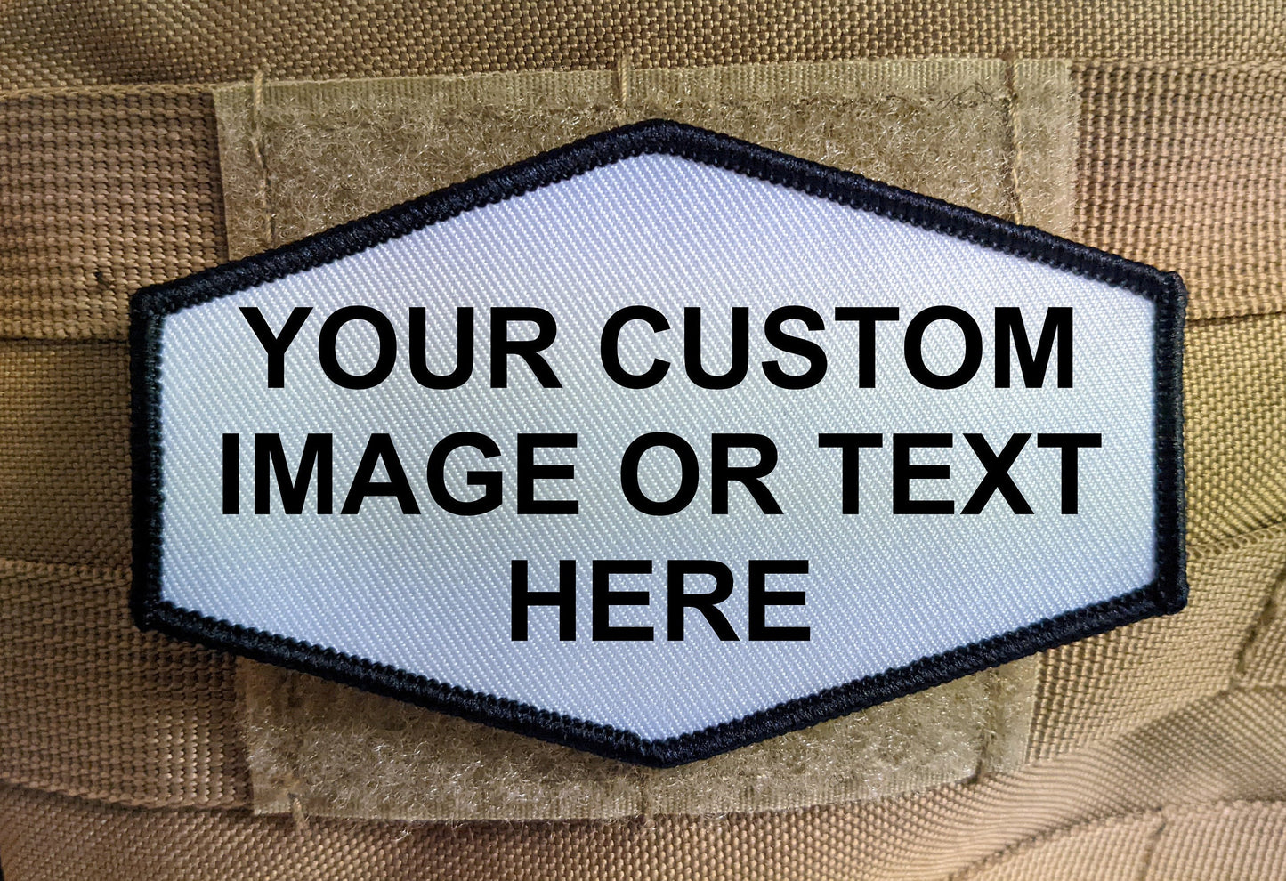 Custom choose your own image or text 4"x2.5" Hexagon shaped  hook & loop morale patch