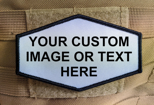 Custom choose your own image or text 4"x2.5" Hexagon shaped  hook & loop morale patch