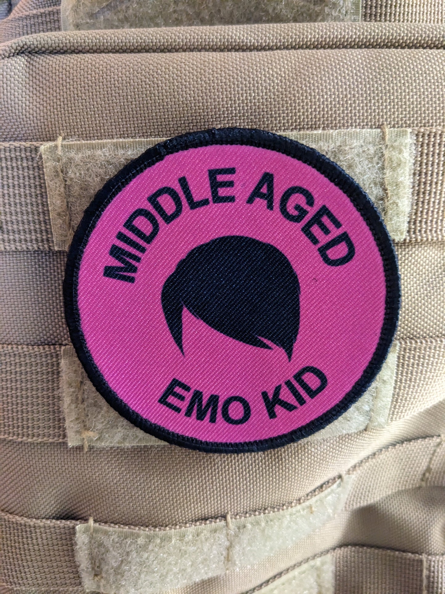 Middle aged emo kid boy version meme 3" circle morale patch with hook and loop backing