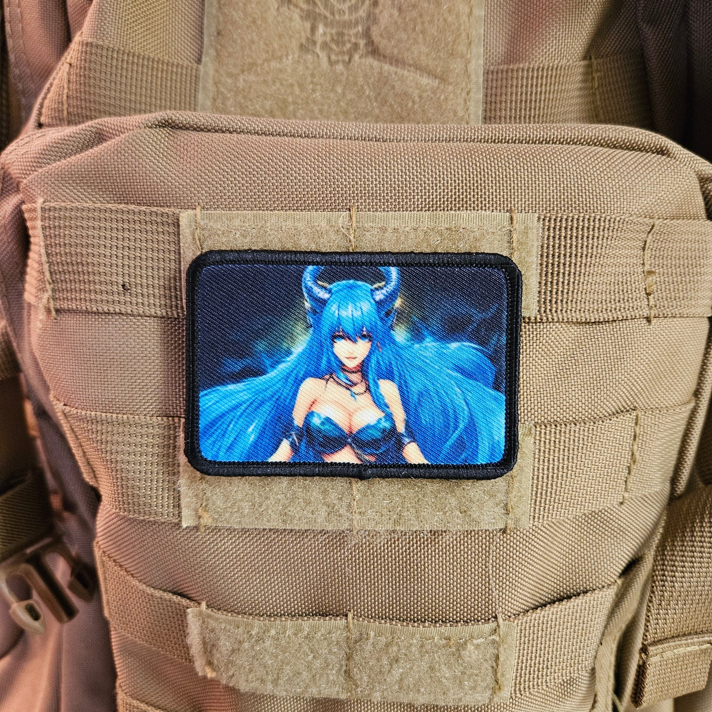 Blue haired succubus waifu 2 Sexy Anime girl cleavage bikini 2"x3"  removable morale patch with hook and loop backing