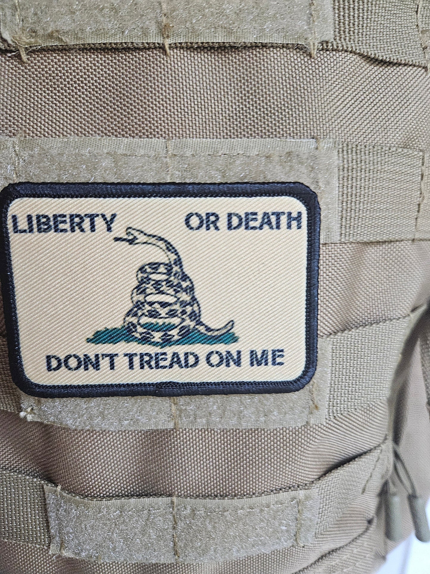Tan Liberty or death Gadsden flag don't tread on me 2"x3" morale patch with hook and loop backing