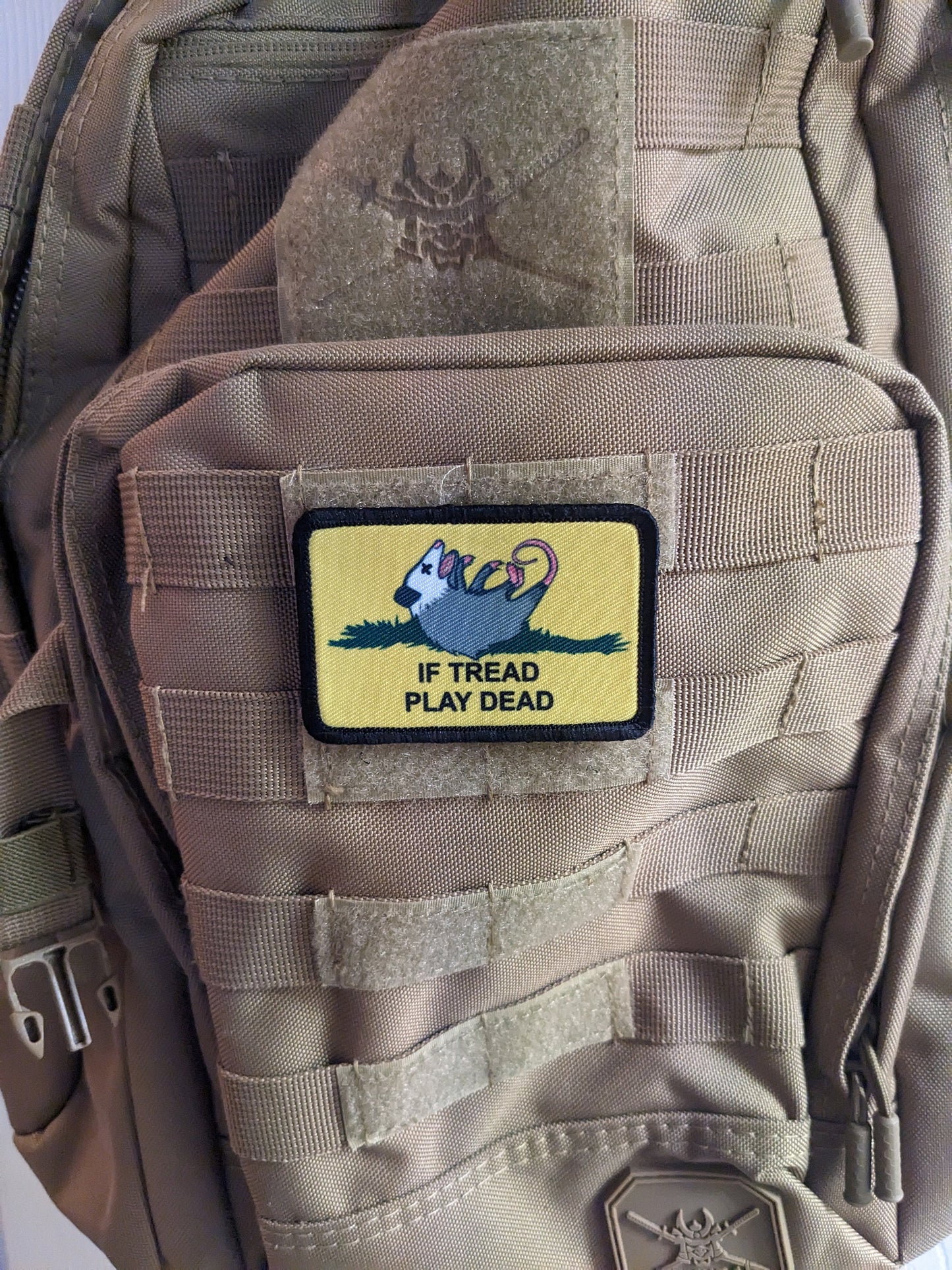 If Tread play dead possum joke Gadsden flag meme  2"x3" removable morale patch with hook and loop backing