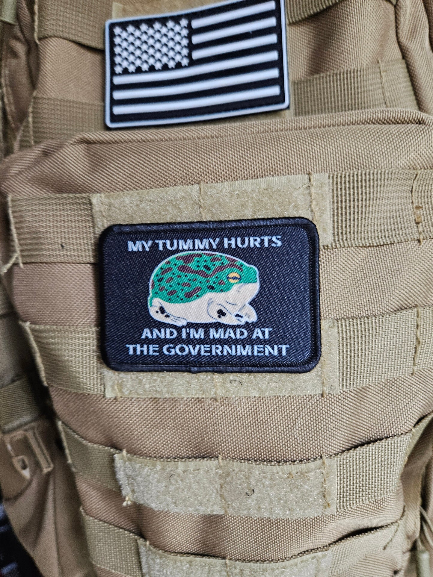 My tummy hurts and im mad at the government frog meme 2"x3" removable morale patch with hook and loop backing
