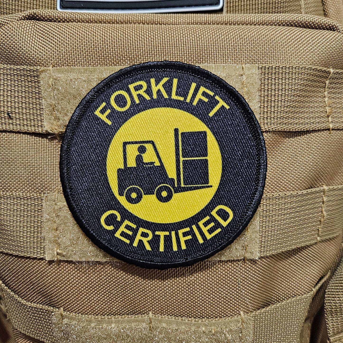 Forklift certified meme 3" circle morale patch with hook and loop backing