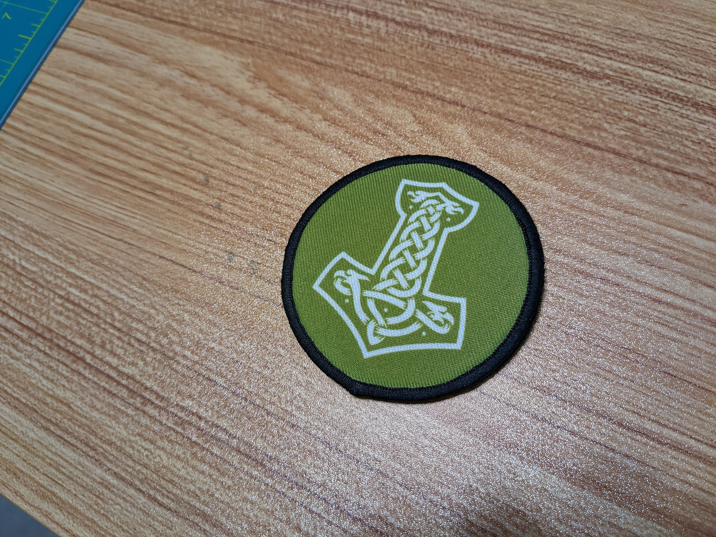 Thor's hammer rune green 3" circle removable morale patch with hook and loop for hat
