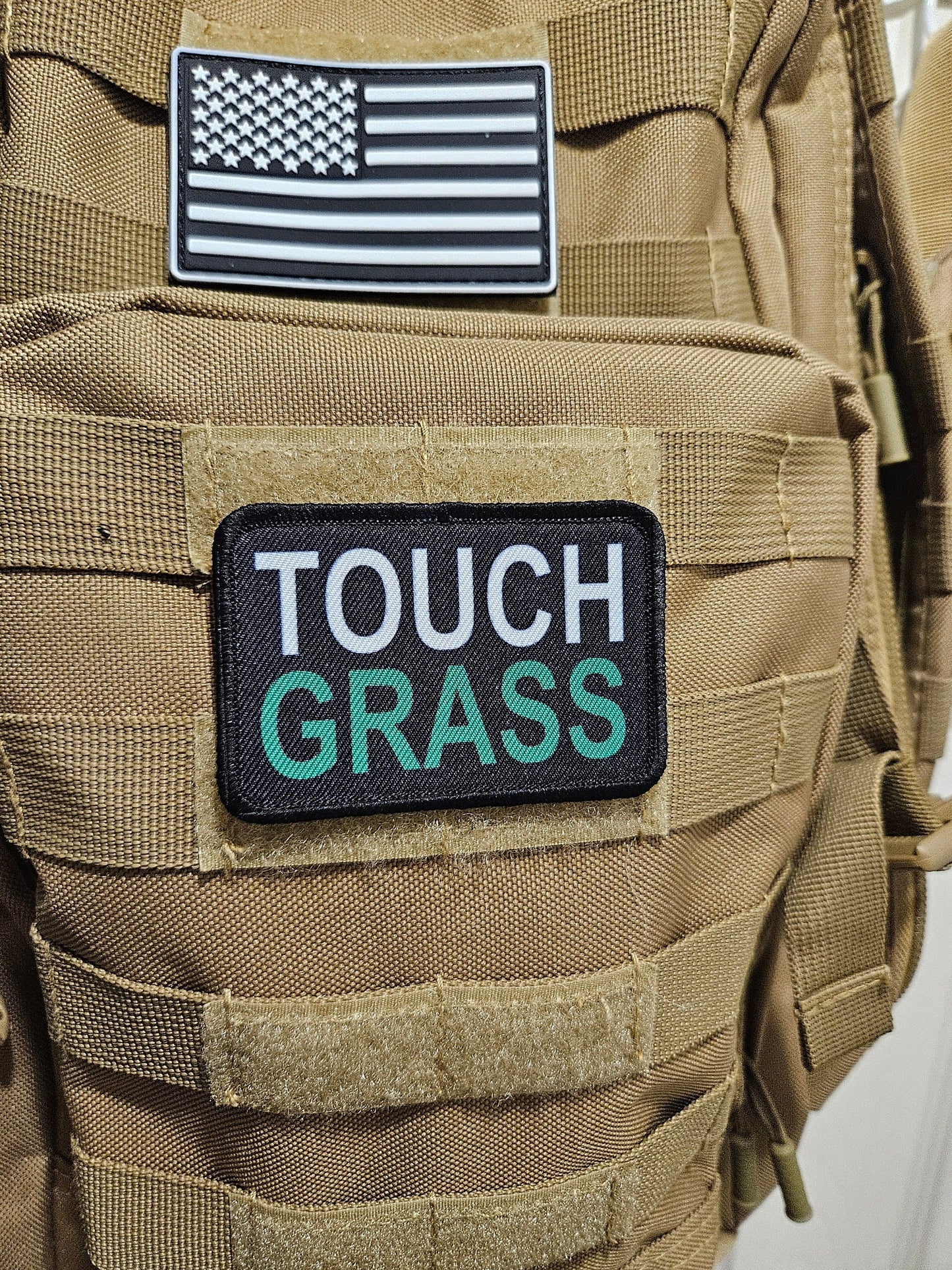 Touch grass meme 2"x3" removable morale patch with hook and loop backing